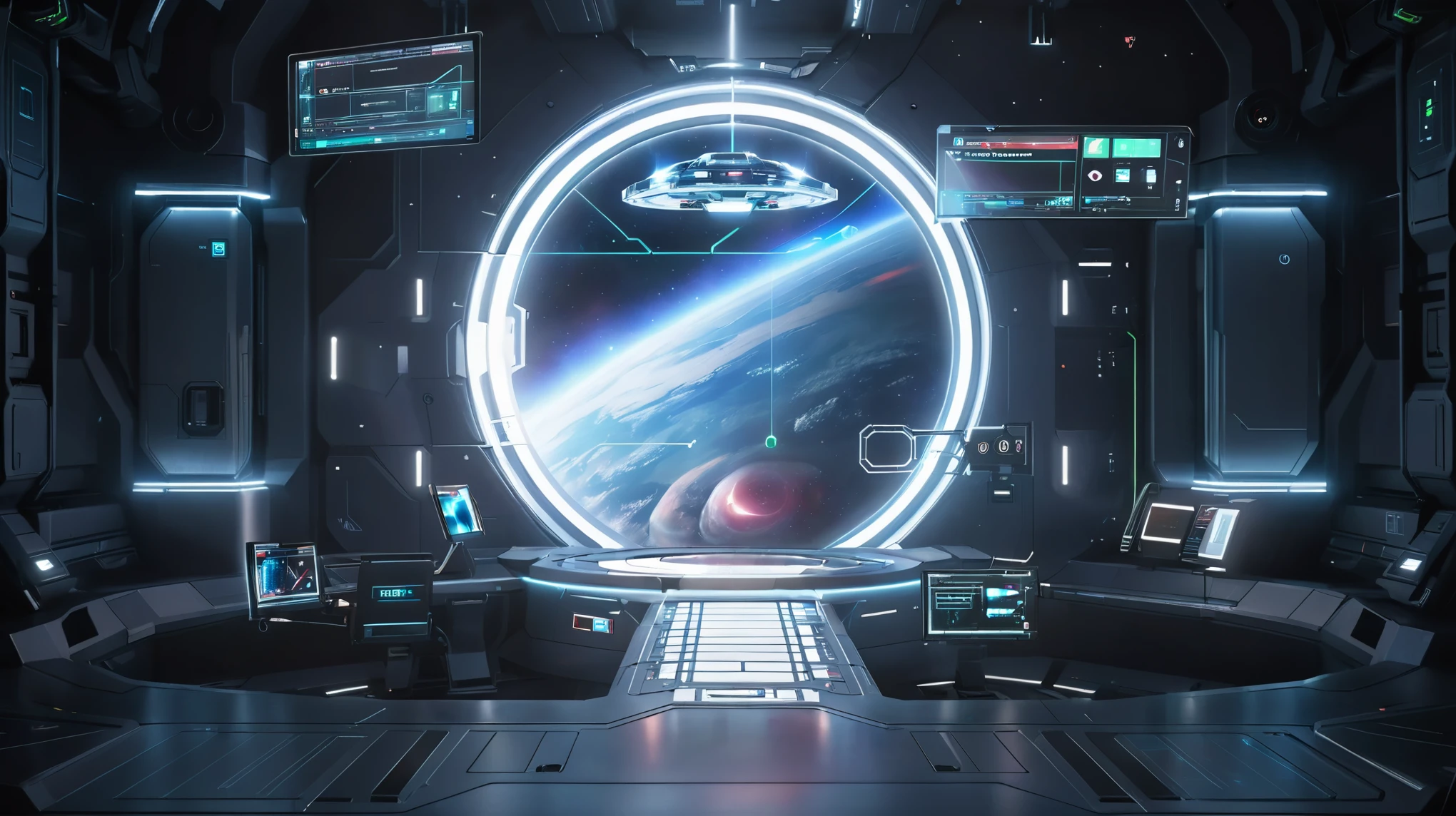 Arav view of a spaceship with a computer screen and glowing portal, aurora spaceship environment, depicted as a Sci-fi scene, Sci-fi scene, High-tech spaceship interior, futuristic setting, In a spaceship, Sci-fi scene, Sci-fi scene, Futuristic spaceship interior, space station interior, portal to outer space, Epic spaceship scene