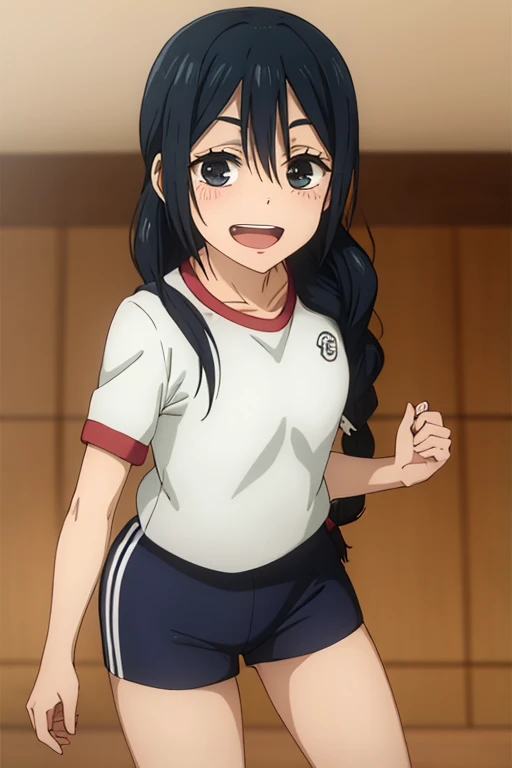 ((highest quality)), ((masterpiece)), (be familiar with), Perfect Face, indoor, Bedroom, Watching the audience,
One woman, Riko Amano,
Open Mouth, Ecstatic expression, blush, smile,
Small breasts, Flat Chest, Young Girl, , , Girl,
Long Hair, Braid,
Gym suit, White short sleeves, Black shorts, Leg spread,