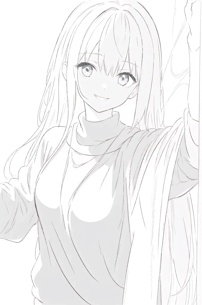 (best quality, masterpiece, highres),1girl,jitome,smile,very long hair,white background,selfie , long hair,sweater