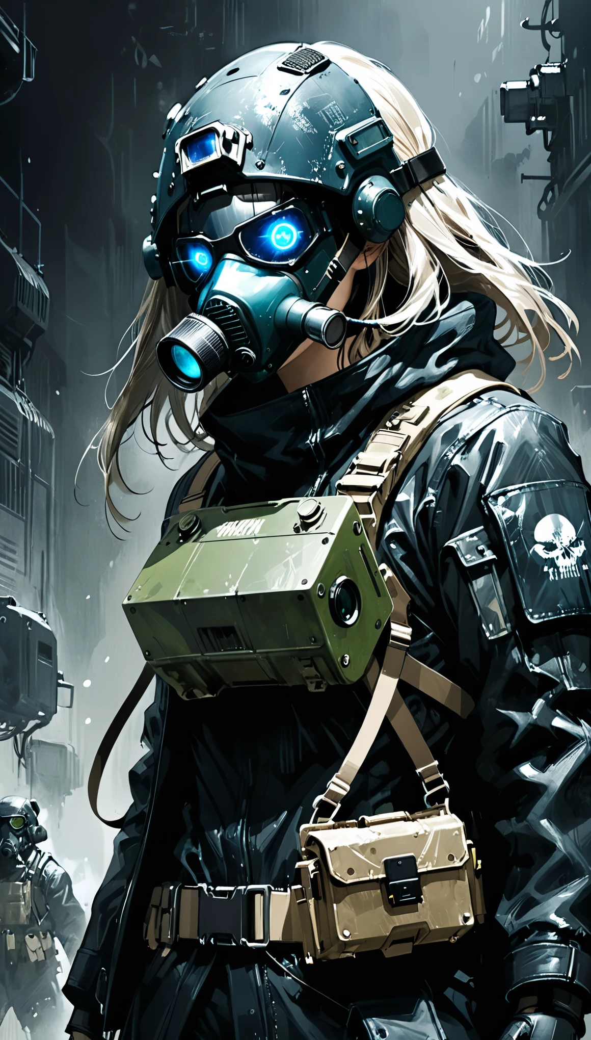 in style of Ashley Wood,1girl,Character Design and Doomsday,Details,glowing steelblue eyes,detailsTextured Skin,Night vision devices,Black leather coat,Tactical masks