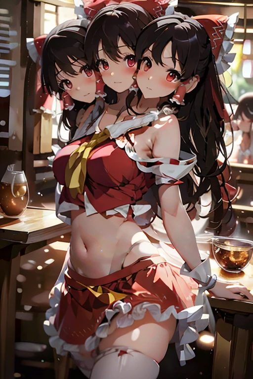 (masterpiece, best quality), best quality, (ultra-detailed), (3heads:1.5), 1girl, (hakurei reimu:1.3), masterpiece, best quality, ultra quality, ultra resolution, ultra deatil, red top, crop top, ((stomach)), midriff, ((groin)), red skirt, normal ears, shackles, brown hair, very long hair, wavy hair, sidelocks, brown eyes, detailed eyes, parted lips, sweat, cute, toned belly, hand on own chest, eyelashes, (24 year old woman:1.3), (masterpiece:1.5), (best quality:1.5), (beautiful detailed), extremely detailed CG, extremely delicate and beautiful, depth of field, (finely detailed face), (perfect details:1.2), (mature female:1.3), wide pelvis, slender, large veiny breast, 16k resolution, highres, high quality, high definition, extremely detailed, masterpiece, brown hair, long hair, alluring presence, braid, short skirt, close up, big tits, young, red bow, frilled bow, hair tubes,
