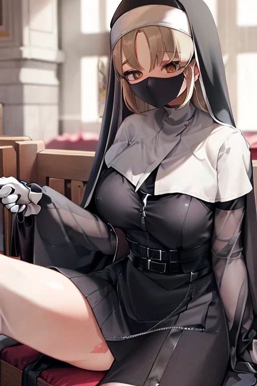 (best quality, masterpiece),(Best quality:1.5),Very detailed, Large Breasts,(shy expression:1.5),(solo:1.5),( A nun:1.5), Blonde hair,( Hair between the eyes:1.3), (supporting breasts with both hands:1.5), sitting,(Black Nun dress:1.4),(Wearing a black mask:1.5),In the church,(Clothes that just be see-through at nipples part:1.4),(red nipples are just exposed out of the cloth:1.3),(visible red nipples:1.4),(exposed legs:1.3)