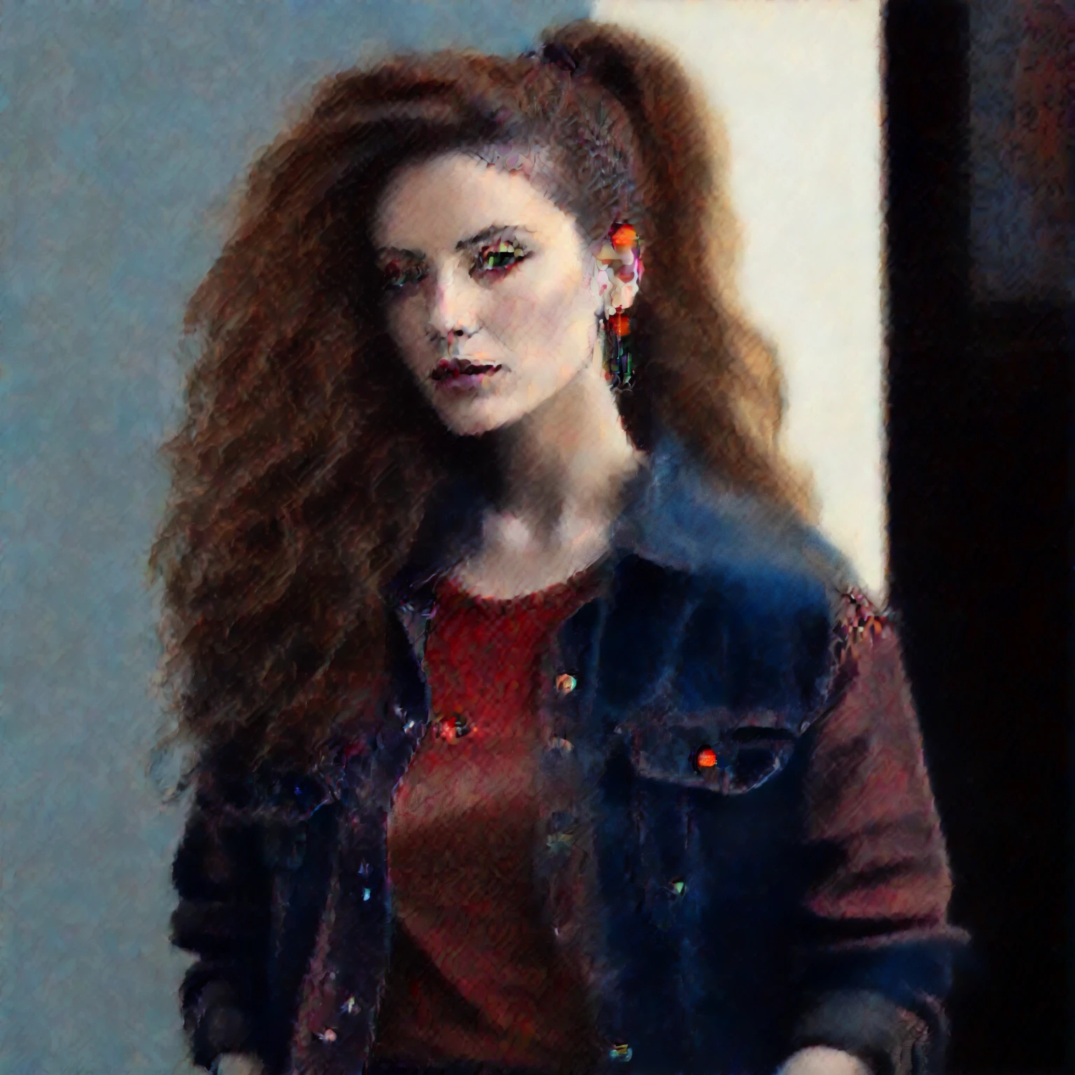 arafed woman with long red hair wearing a red shirt and denim jacket, high quality portrait, in a style of hyperrealism, realistic art style, young woman, realistic studio portrait, realistic portrait, realistic artstyle, hyperrealism artstyle, realistic portrait photo, hyper realistic style, photo realistic style, photo realistic portrait, 8 0 ’ s portrait