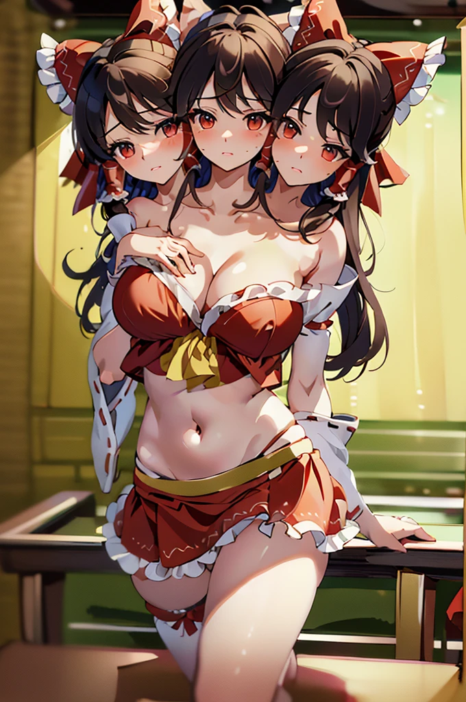 (masterpiece, best quality), best quality, (ultra-detailed), (3heads:1.5), 1girl, (hakurei reimu:1.3), masterpiece, best quality, ultra quality, ultra resolution, ultra deatil, red top, crop top, ((stomach)), midriff, ((groin)), red skirt, normal ears, shackles, brown hair, very long hair, wavy hair, sidelocks, brown eyes, detailed eyes, parted lips, sweat, cute, toned belly, hand on own chest, eyelashes, (24 year old woman:1.3), (masterpiece:1.5), (best quality:1.5), (beautiful detailed), extremely detailed CG, extremely delicate and beautiful, depth of field, (finely detailed face), (perfect details:1.2), (mature female:1.3), wide pelvis, slender, large veiny breast, 16k resolution, highres, high quality, high definition, extremely detailed, masterpiece, brown hair, long hair, alluring presence, braid, short skirt, close up, big tits, young, red bow, frilled bow, hair tubes,