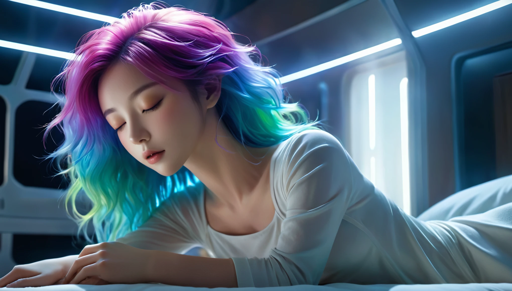 (best quality,8k,ultra-detailed:1.2),(CG,CG art,3D rendering),(masterpiece:1.2),(Crawling on the table),(Sexy clothing),(movie lighting,futuristic),(woman lying in bed,sleeping,closed eyes),(large window behind her,tranquil night),(colorful hair:1.5)