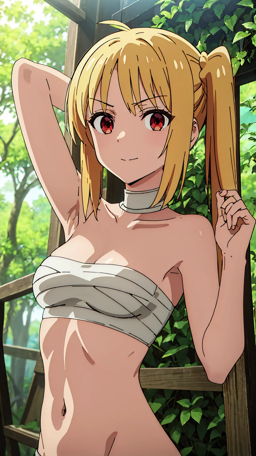 short girl, masterpiece, high resolution, Solitary, 8k, detailed, Perfect face, best quality, (Ultra-high quality), (Looking at the audience), (armpit), clavicle, bare arm, Bare shoulders, Small breasts, cleveage, Blonde hair, Long hair, Side Ponytail, Ahog, Red Eyes, abdomen, Stomach, navel, Abdominal muscles, Salahi chest, bandage breast, (Red), slim, Upper Body,  In the forest, hands up，Smirk