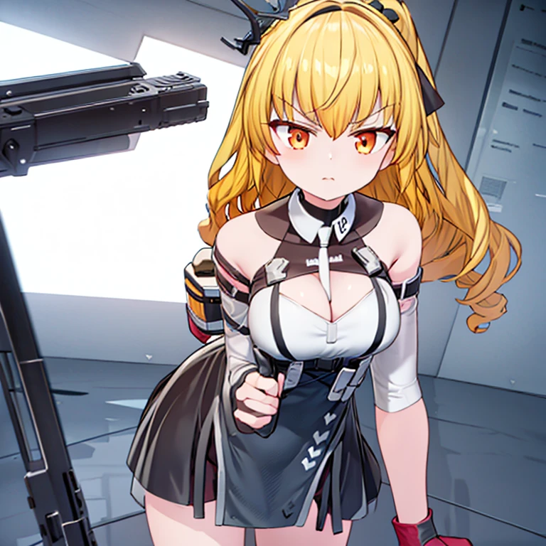 1girl, Medium breast, ass, bare shoulders, bare arms, cleavage, angry, bare legs, looking at viewer, orange eyes, solo, shooting pose