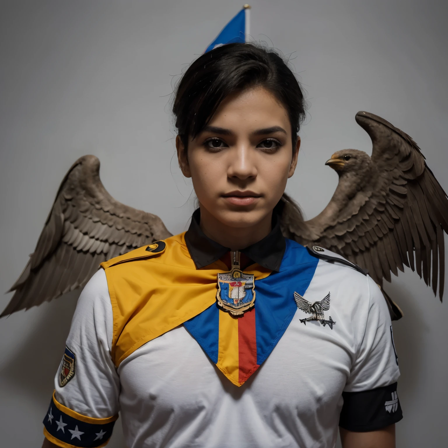 Bandera de Venezuela o sea de fondo, un buitre con sus alas abiertas en blanco y negro con un collar de plumas amarillas punzantes en su cuello, bajo el la palabra ABUTRES en 3d negro pulido, and under it is the word M.C 1% 