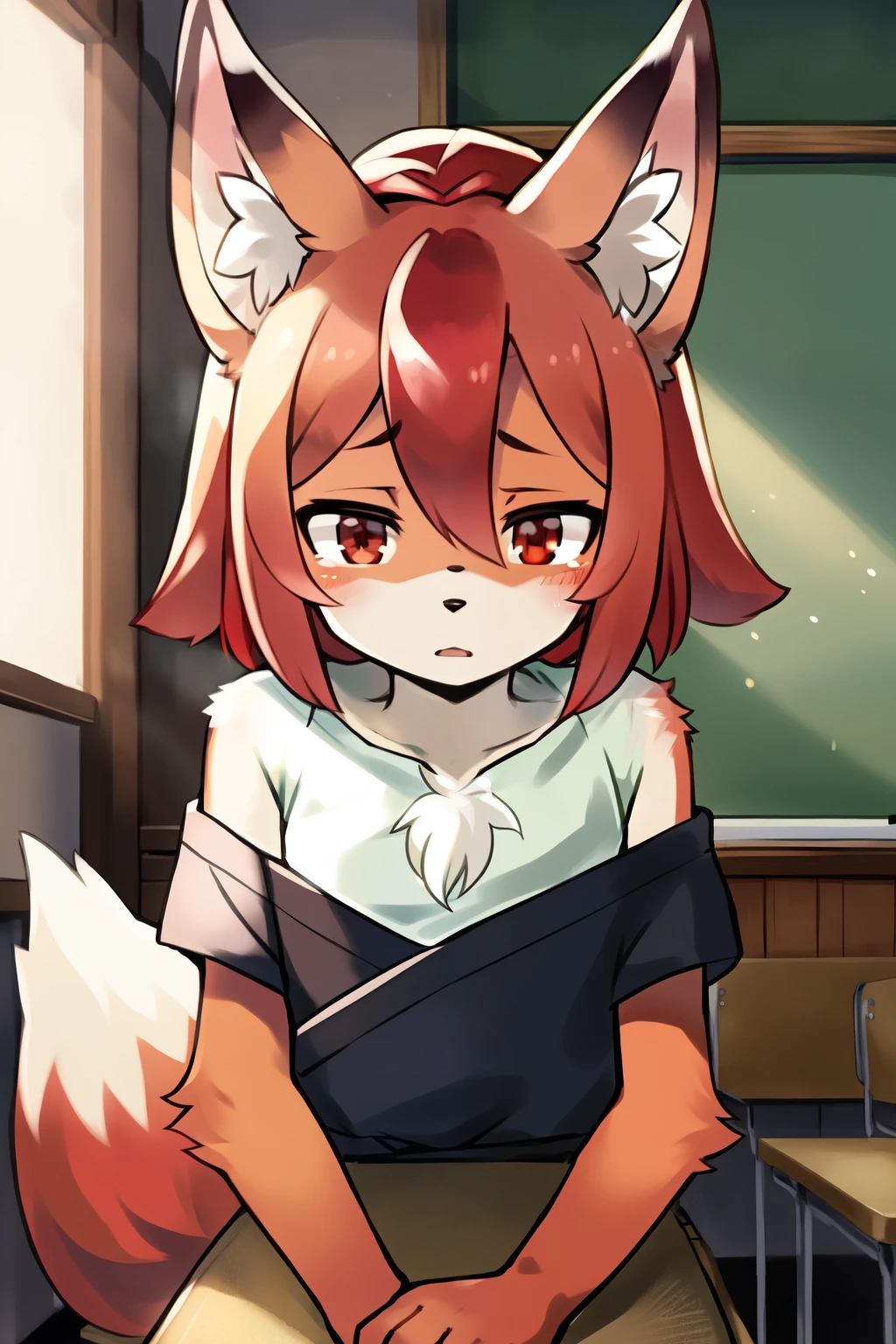 (masterpiece: 1, 2), best quality,
1 girl, solo,
red eyes glowing with an intense fiery hue,
red hair cascading down her shoulders in soft waves,
animal ears perked up at the top of her head,
Fox ears peeking out from beneath a red beret,
wearing traditional Japanese ,
Hikikomori style, disheveled and unkempt,
in the dimly lit, cluttered confines of a small classroom,
a cowboy pistol clutched tightly in one hand,
ready for an unexpected showdown,
with a determined and focused expression on her face.
[