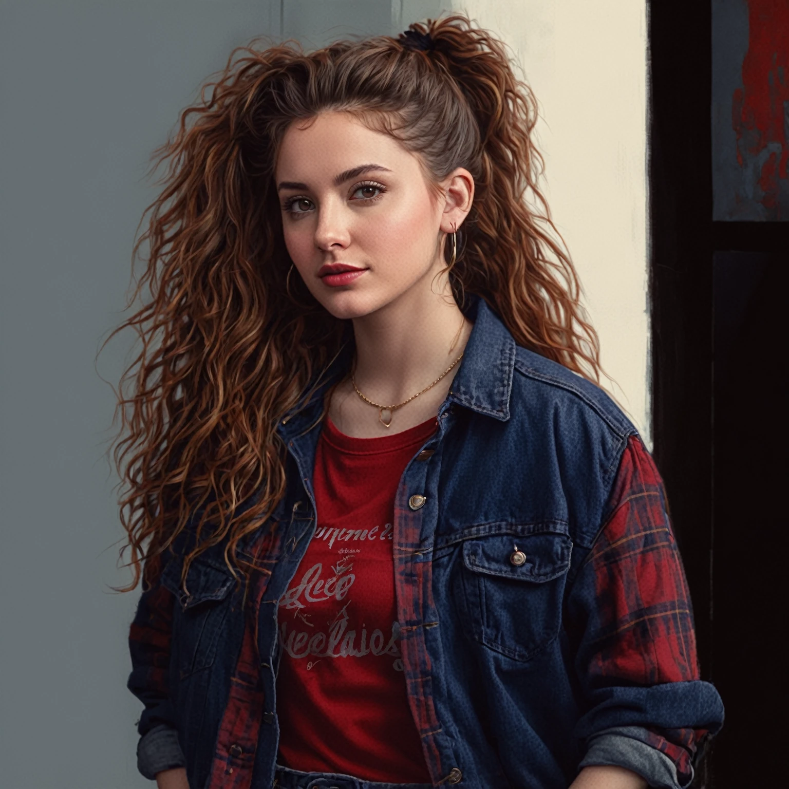 woman with long curly hair wearing a red flannel shirt and denim jacket, high quality portrait, realistic art style, young woman, realistic studio portrait, realistic portrait, realistic artstyle, realistic portrait photo, hyper realistic style, photo realistic style, photo realistic portrait, 90s grunge style
