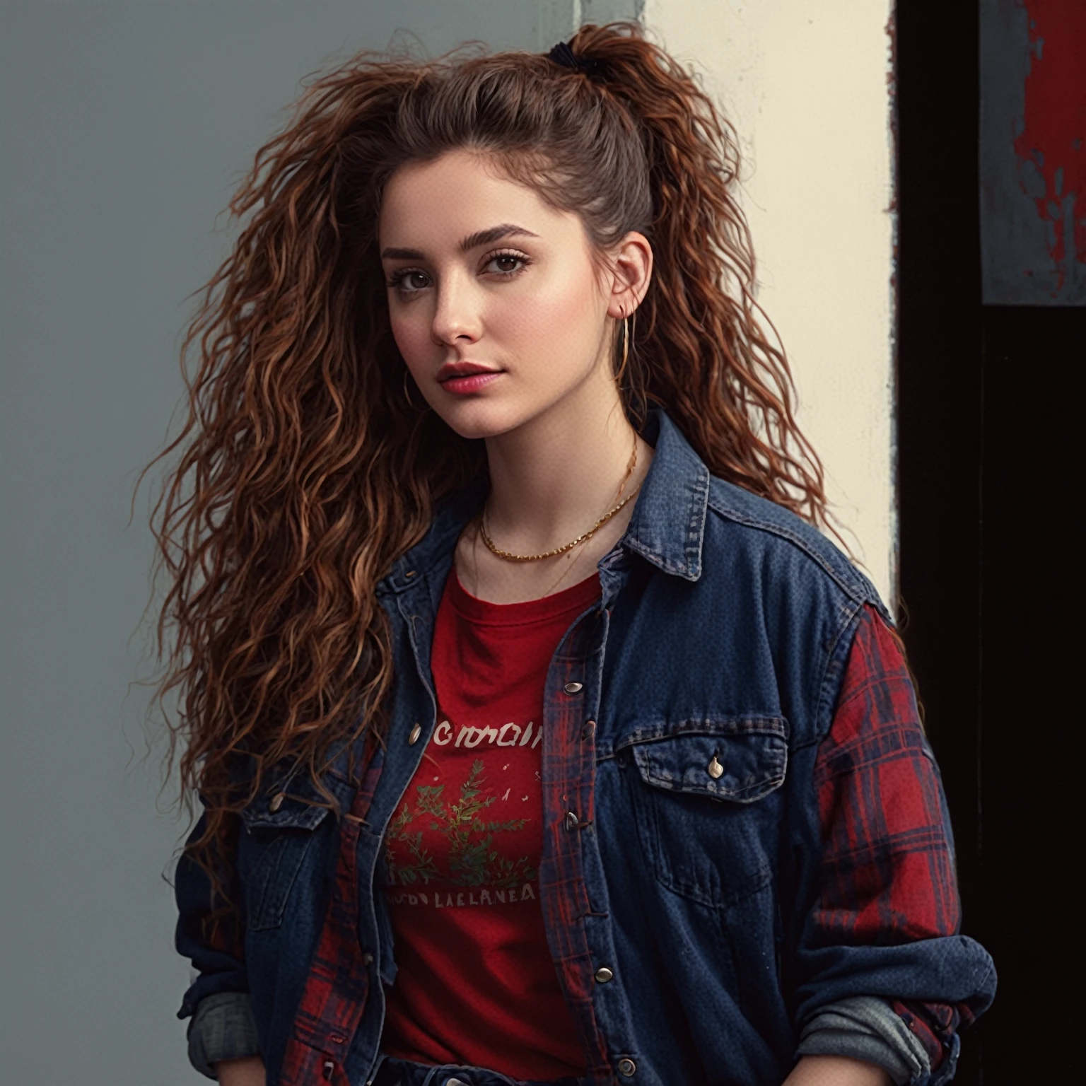 woman with long curly hair wearing a red flannel shirt and denim jacket, high quality portrait, realistic art style, young woman, realistic studio portrait, realistic portrait, realistic artstyle, realistic portrait photo, hyper realistic style, photo realistic style, photo realistic portrait, 90s grunge style