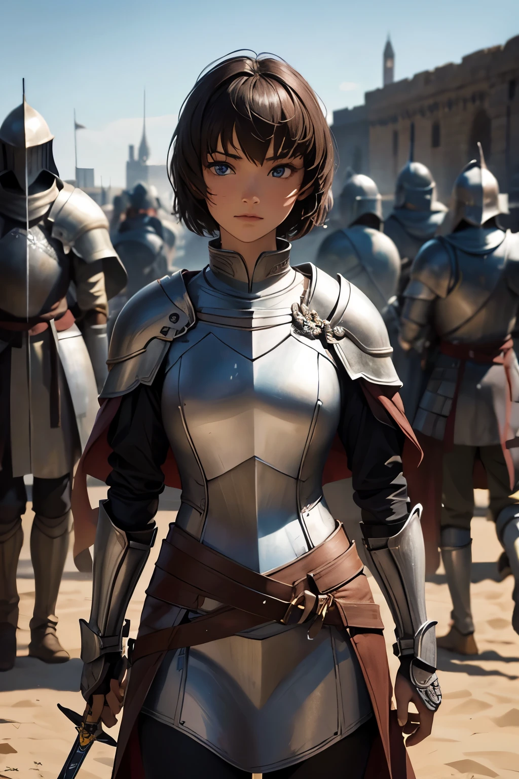 (masterpiece), best quality, expressive eyes, perfect face, correct anatomy, (female knight in shining armor), brown skin, short hair, brunette, (Casca), sword ready, empty battlefield, brave, proud, strong, happy, dawn