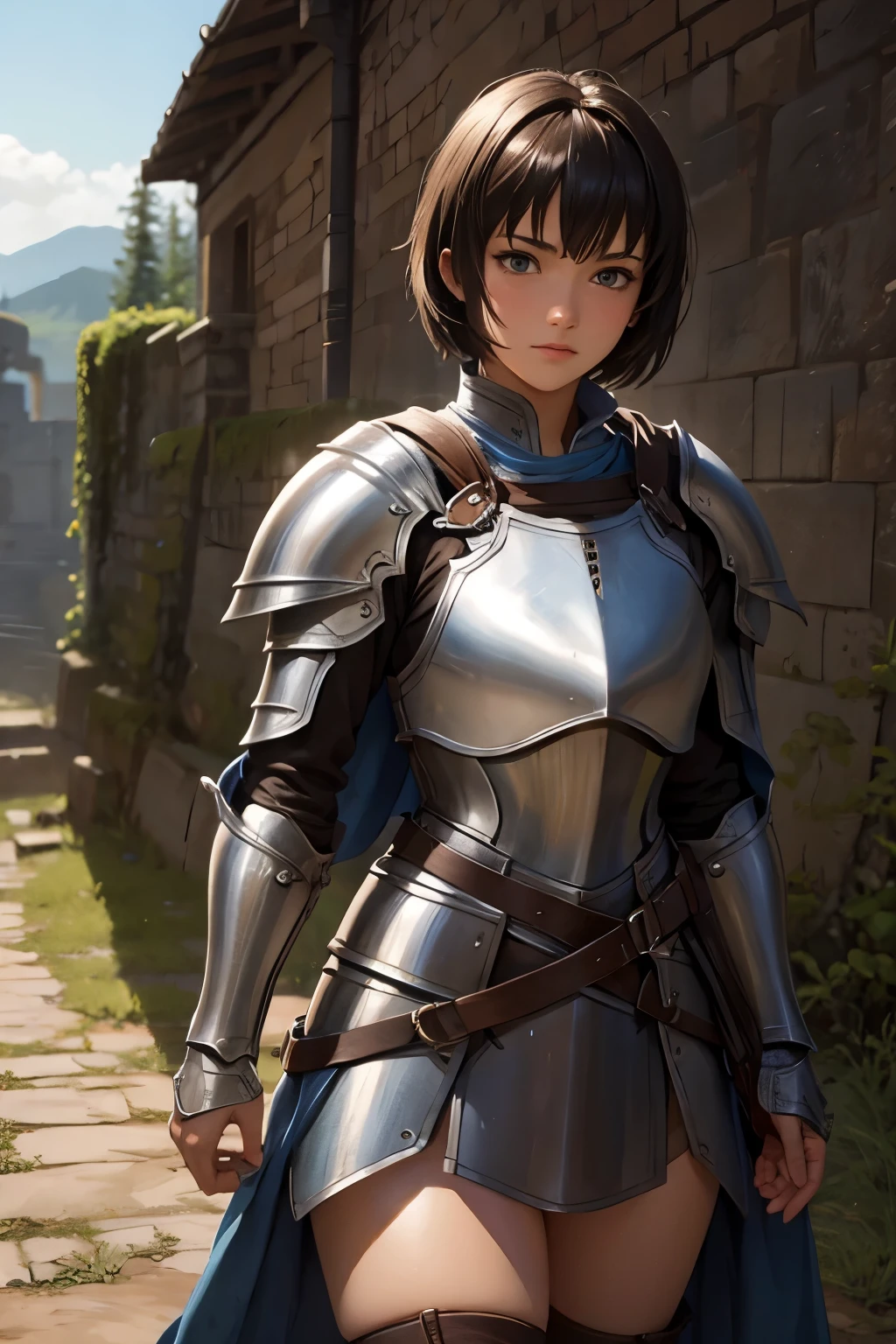 (masterpiece), best quality, expressive eyes, perfect face, correct anatomy, (female knight in shining armor), brown skin, short hair, brunette, (Casca), sword ready, empty battlefield, brave, proud, strong, happy, dawn