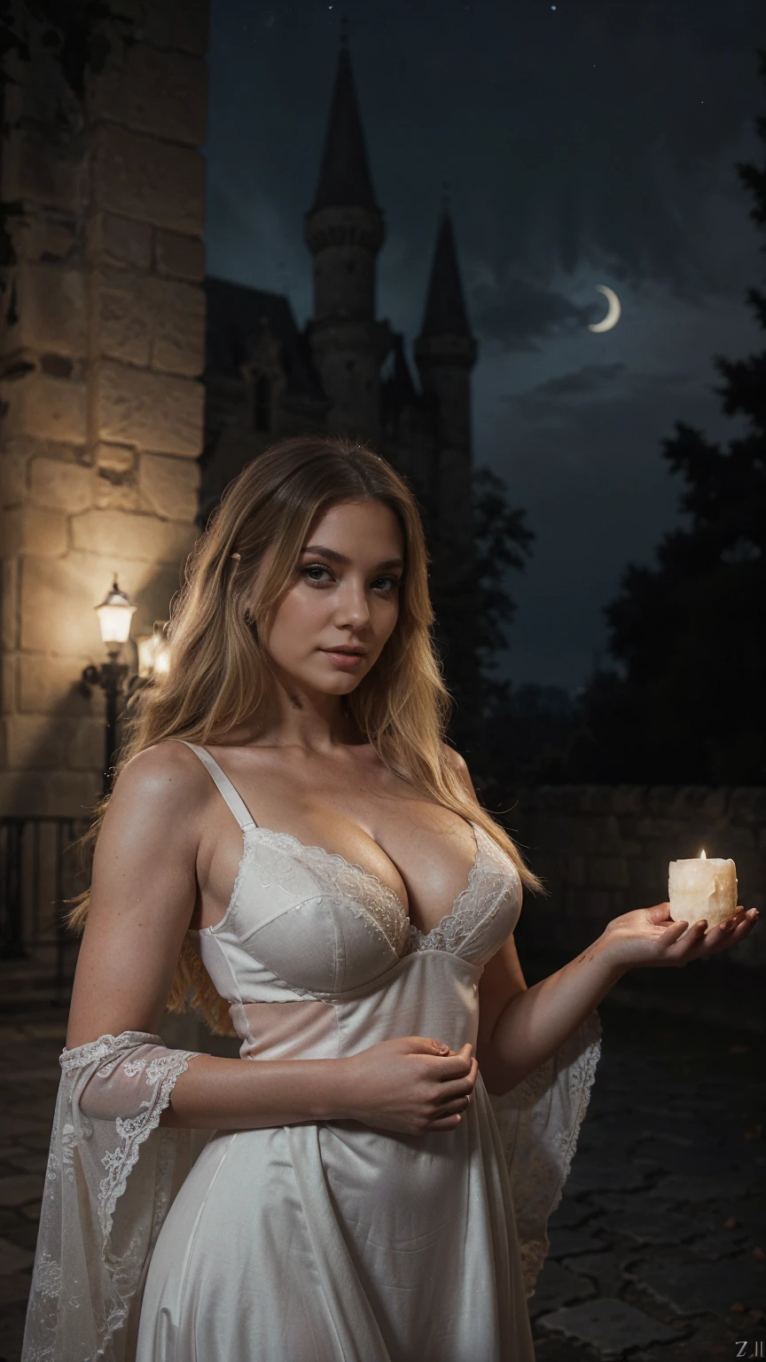 Moonlight Monologue: Subject: A gorgeous blonde 36dd bra woman (22) in a flowing white gown, bathed in cool moonlight, holds a weathered skull aloft, gazing at it with a contemplative expression. A crumbling gothic castle rises in the background. Technical: High-resolution camera (e.g., Sony a7R IV), telephoto lens (e.g., 200mm), shallow depth of field (f/2.8) to blur the background castle, focus on the woman and the skull, moonlight casts dramatic shadows.