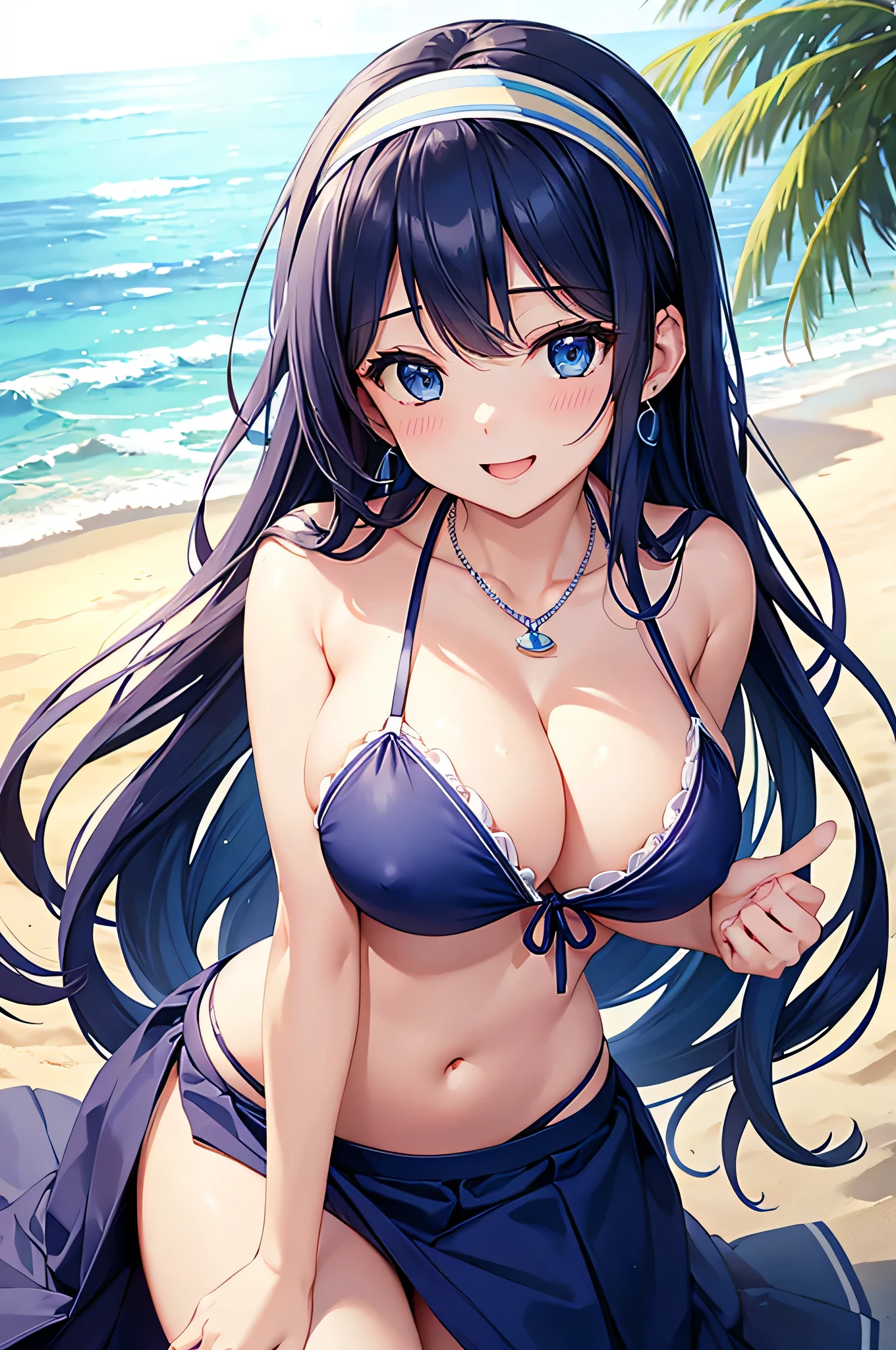 highest quality、Best image quality、masterpiece、beautiful girl、Navy blue long hair、blue eyes、Navy Blue Bikini、Big cleavage、(Big Breasts)、smile、blue necklace、Blue Earrings、background(Beach)、Sexy pose、Please open your mouth wide、Navy Blue Skirt、white headband