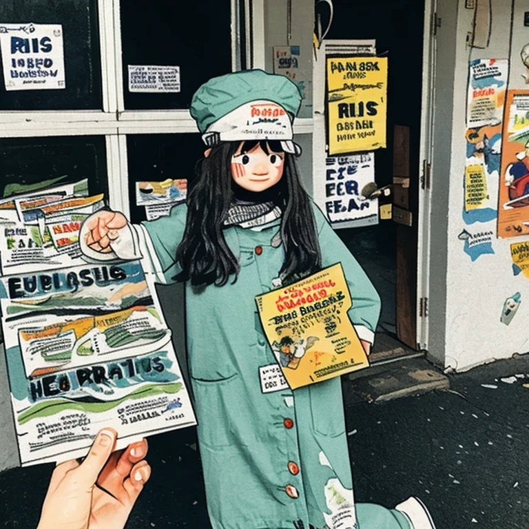 little girl,Distribute leaflets,There is a hat on the head,Eyes look into the camera,standing,A stack of leaflets below,Most dialog boxes,content,BUY!!!!,not bad hand,not bad leg,color