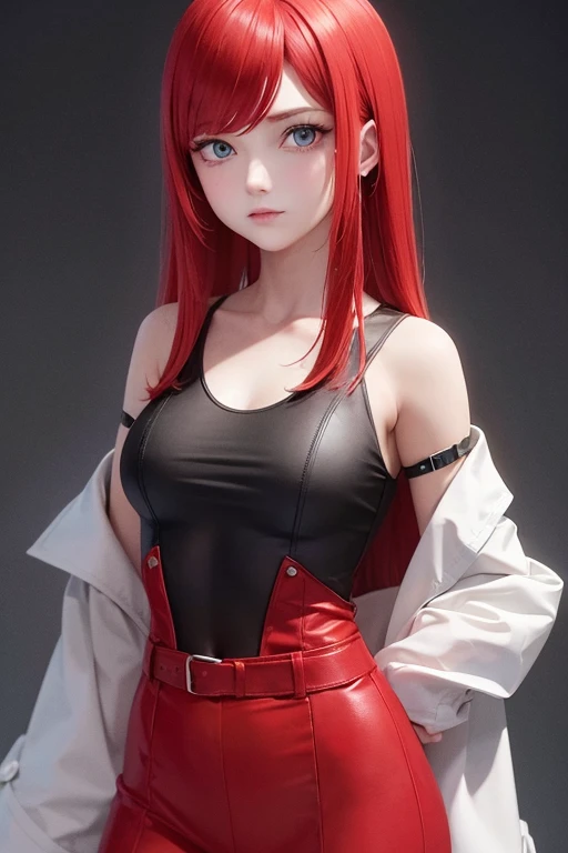 Blue-eyed redhead woman with straight hair down to her shoulders. make her wear red clothes. ela dispara magias vermelhas. make the image in the style of overwatch 2