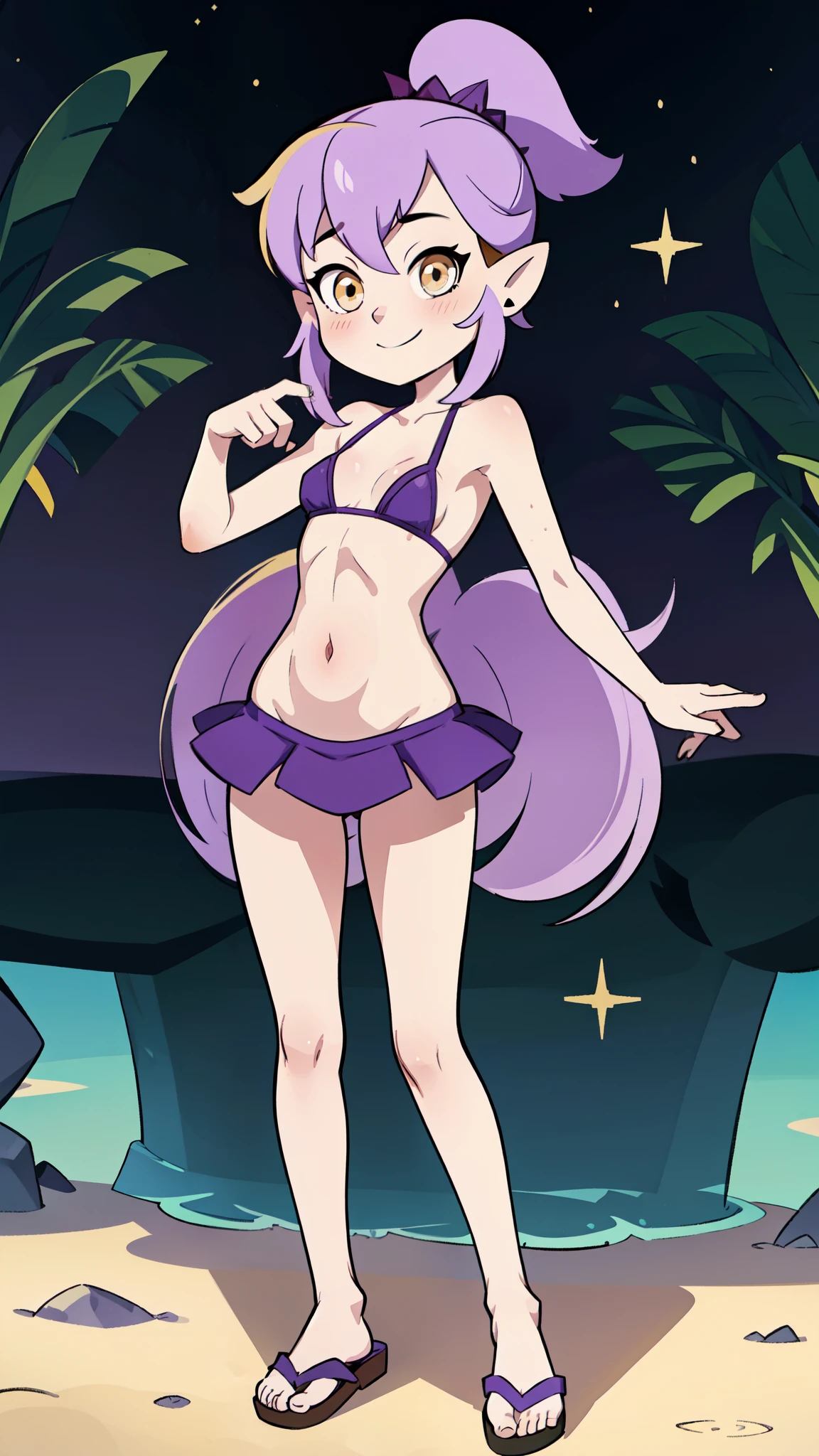 full-length_portrait, Amity Blight, 1 girl, young, pale skin, anime style, clear purple hair, small ponytail, yellow eyes, small breasts, ((lilac frilly bikini, flip flops)), high quality, detailed body, detailed eyes, detailed face, masterpiece, glistening body, detailed body fur, best quality, perfect lighting, perfect shadows, perfect eyes, perfect hair, perfect face, gorgeous body, smilling, beach, clear sky, standing, looking at you, full body, athletic body,