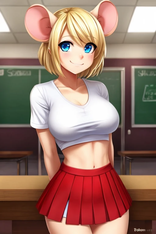 Mouse girl high school student ,solo, female, blonde hair, blue eyes, smiling, big breasts, slim, small waist, small hips, American high school, tight fitting white crop top, pleated skirt, hands behind back, happy, looking at viewer, high quality