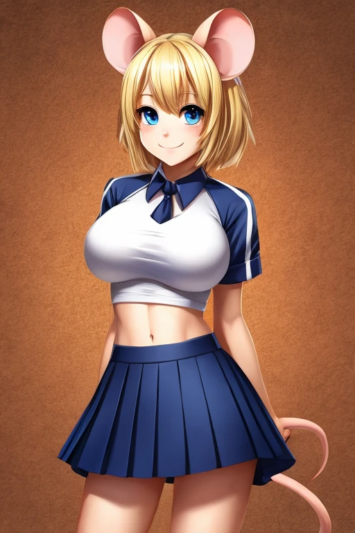 Mouse girl high school student ,solo, female, blonde hair, blue eyes, smiling, big breasts, slim, small waist, small hips, American high school, tight fitting white crop top, pleated skirt, hands behind back, happy, looking at viewer, high quality