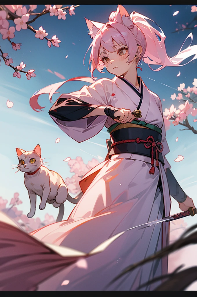 One female(((Cat Person)))((Ponytail))(There is movement)kimono((Cherry blossom pattern))(Length)Right hand(Holding a sword)left hand(Holding a short sword in reverse)Wind particle effect(Wearing a sword) Lightly Armed