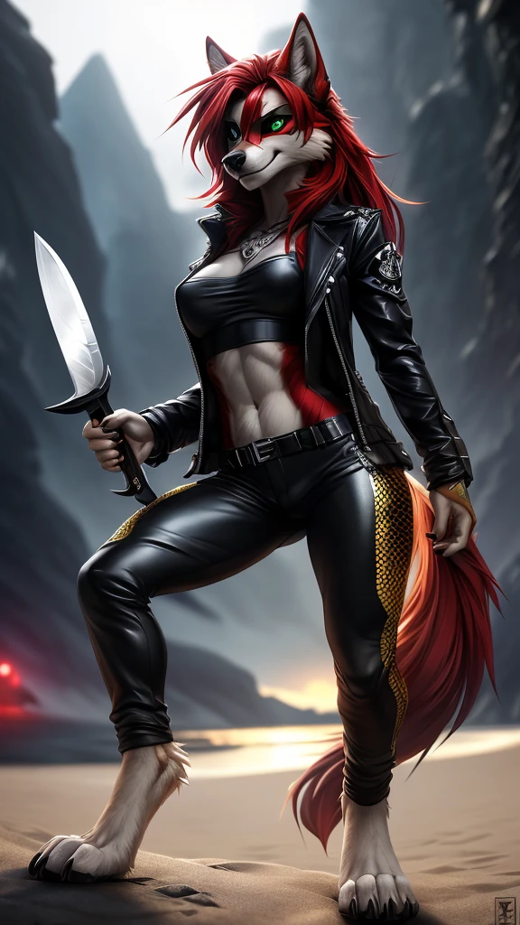 uploaded on e621, (by Wildering, by Koul, by fluff-kevlar, by aycee), solo, female wolf, wolf ears, neck tuft, hip tuft, leg tuft, wolf tail, ((black sclera, green eyes)), (Tight leather pants, golden snakeskin jacket, eyepatch with a skull on it), ((full-body portrait)), (masterpiece), (best quality), (anthro furry:1.3, snout:1.2, anthro:1.3, furry:1.2, solo male:1.2), (thick figure, curvy figure), (battle pose), (((black spirals on body, red fur))) BREAK (((digitigrade feet, wild long red hair))), (beach at night background), depth of field, ambient light on the body, (intricate:0.7), (high detail:1.3), (unreal engine:1.3), (sharp focus:1.15), (masterpiece, best quality, 4k, 2k, shaded, absurd res), insaine smile, holding a knife,