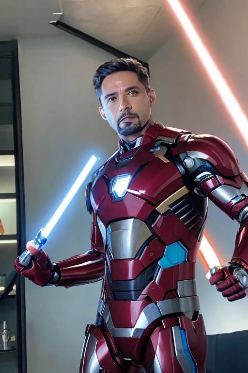 A man wearing a Robocop or Iron Man-like body suit fights aliens in a city at night、Image of a person holding a lightsaber-like weapon