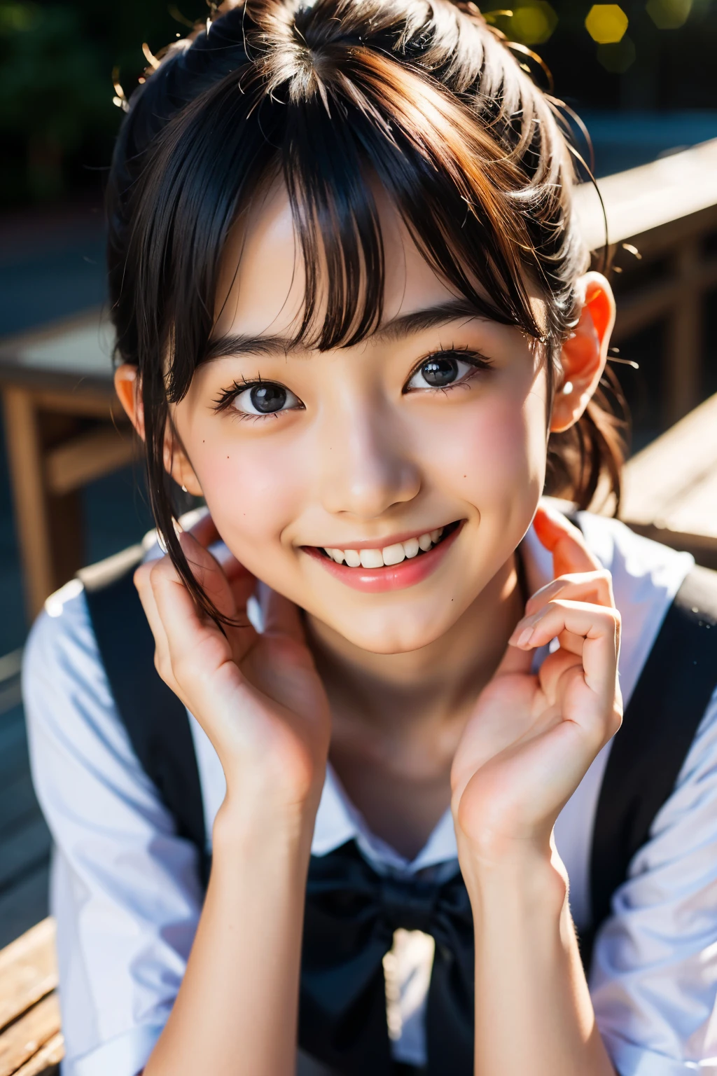 lens: 135mm f1.8, (highest quality),(RAW Photos), (Tabletop:1.1), (Beautiful 12 year old Japanese girl), Cute face, (Deeply chiseled face:0.7), (freckles:0.4), dappled sunlight, Dramatic lighting, (Japanese School Uniform), (On campus), shy, ponytail, (Close-up shot:1.2), (smile),, (Sparkling eyes)、(sunlight),