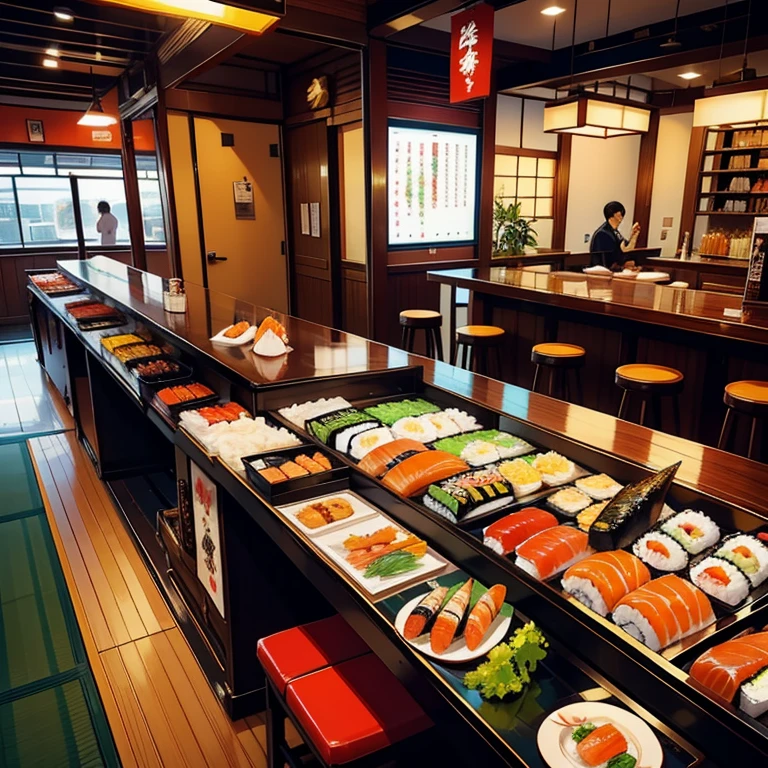 Japanese nigiri sushi restaurant,
 Sushi prepared by a chef is placed on small plates and transported down the conveyor belt.,
 To flow through the lane at an incredible speed、Customers are also struggling to grab small plates.,
 Moreover, the small plate rotates at high speed..,