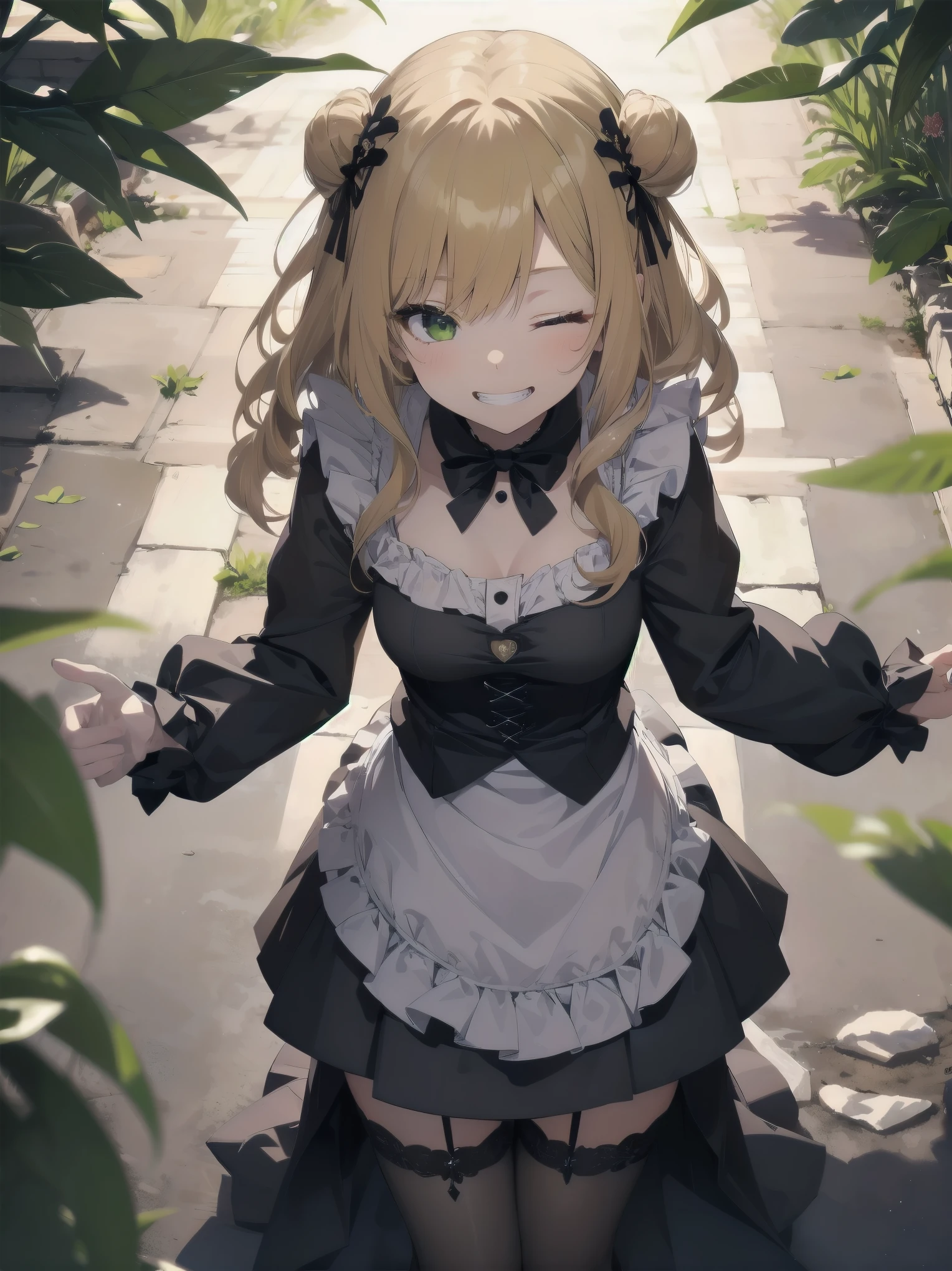 Masterpiece, Top Quality, One Girl, Solo, (Masterpiece: 1.2), (Top Quality: 1.2), Perfect eyes, perfect face, perfect lighting, sunlight, outdoors, marquis mansion, one girl, blonde hair, yellow-green eyes, one eye closed, (((wavy hair))), bun head, medium hair, ((gothic maid)), Cute eyes, closed mouth, ((from above)), ((front)), ((thighs wide open left to right)), ((grin)), cute pose.