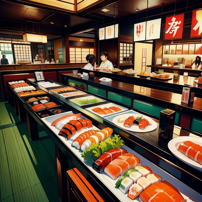 Japanese nigiri sushi restaurant,
 Sushi prepared by a chef is placed on small plates and transported down the conveyor belt.,
 To flow through the lane at an incredible speed、Customers are also struggling to grab small plates.,
 Moreover, the small plate rotates at high speed..,