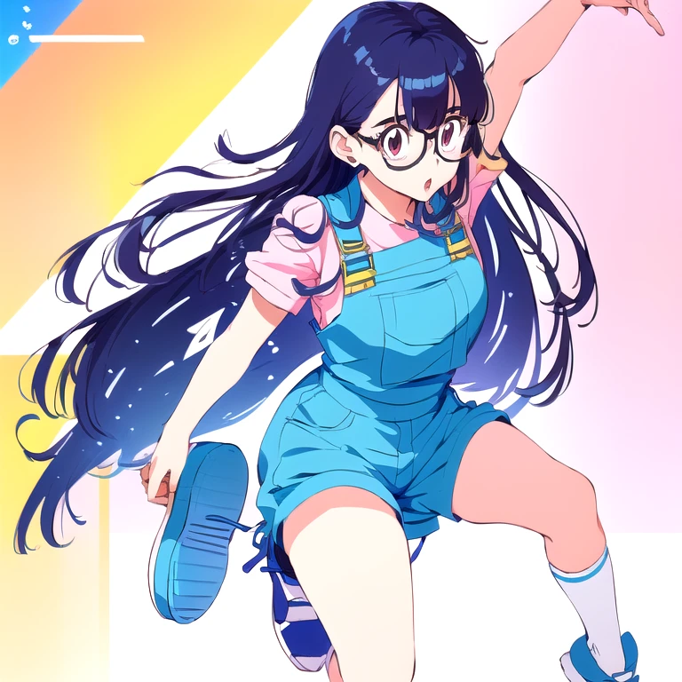 Anime girl in overalls and glasses dancing on stage, Cute girl anime visuals, Anime Moe Art Style, nagatoro, Anime girl running, Marin Kitagawa Fanart, 80s anime art style, safebooru anime images, 2 0 1 9 anime screenshots, 2 0 2 2 Anime Style, 2022 anime style