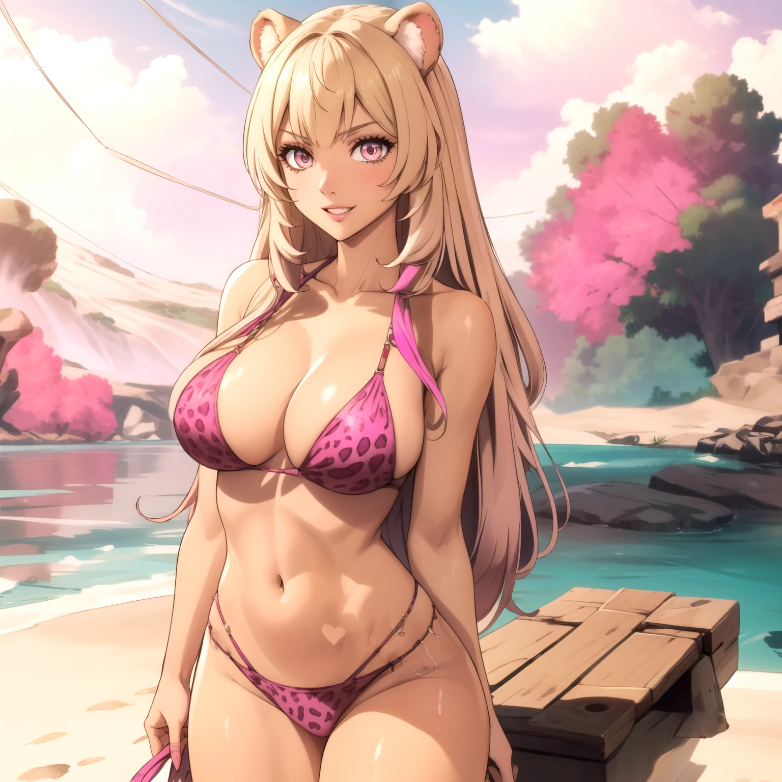 Raphtalia woman 27 años, cabello rubio con puntas rosadas, sonrisa, orejas de oso, ojos rosados, pechos grandes, piel morena, piel muy bronceada, pink leopard print bikini, accesorios, selfi. manos perfectas. una sola mujer. mujer sola. rubia cabello rubio, manos perfectas , rubia.