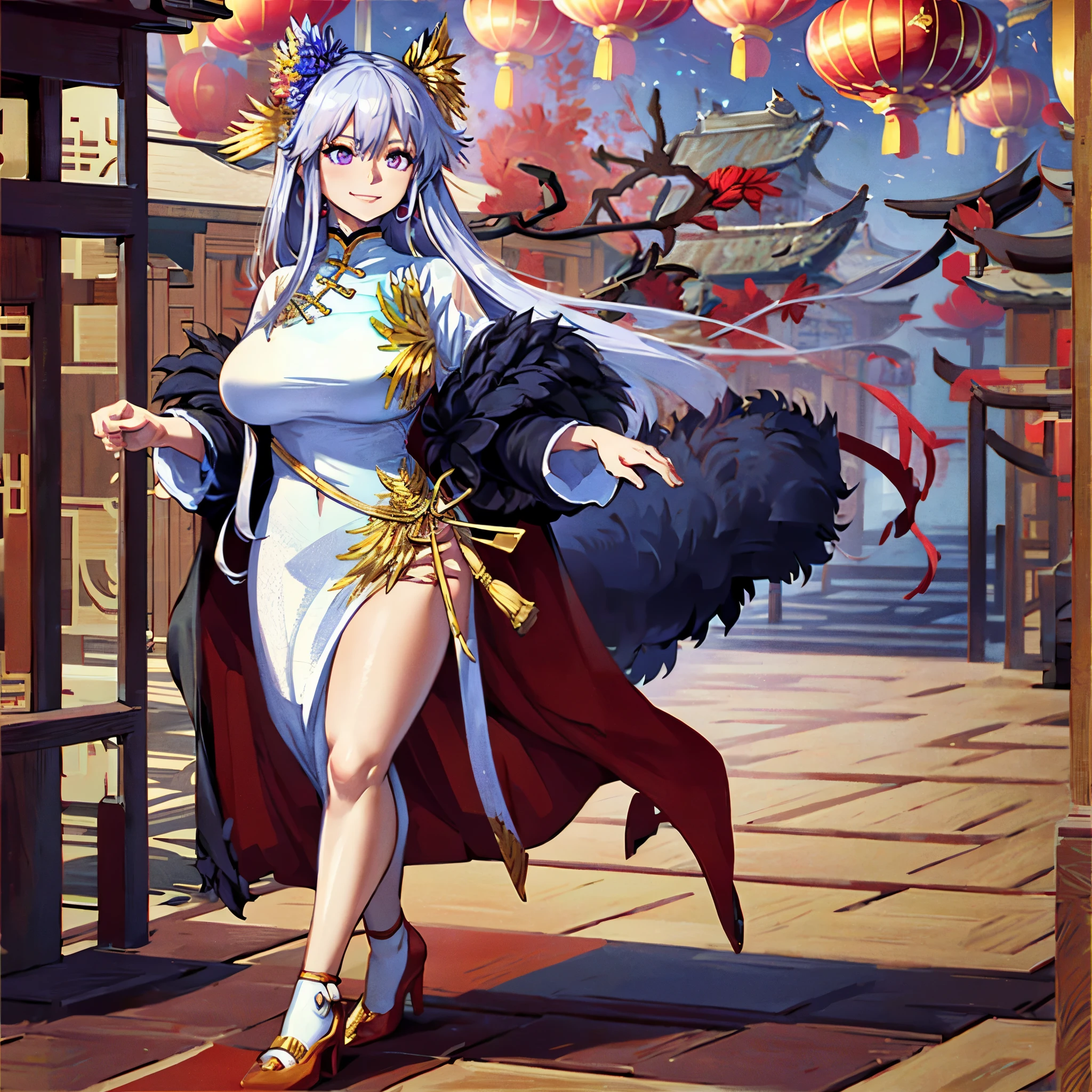 A woman wearing white traditional female Chinese costume with gold details, red heels, long silver hair, purple eyes, red flower in her hair, golden bow in her hair, wearing a black fur cape, walking in a traditional Chinese garden, smiling, big breasts, Chinese houses in the background, place at night, lighting with traditional Chinese lamps, full body, surrealism, drop shadow, anaglyph, stereogram, tachi-e, pov, atmospheric perspective, surrealism, flower, 8k, superdetail, accurate, best quality, UHD, anatomically correct, textured skin, high quality. (solo woman)

