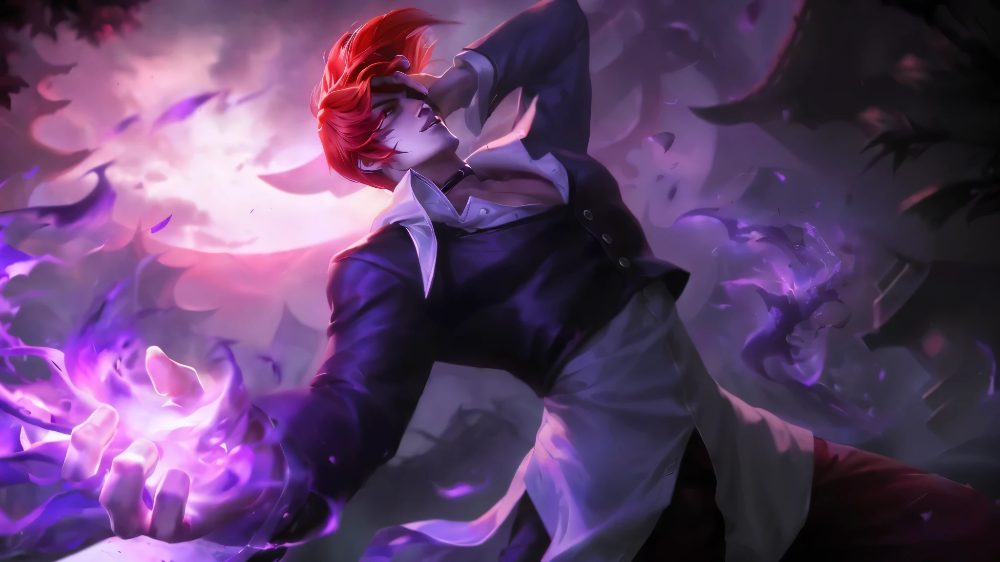 anime character with red hair and a white shirt holding a purple ball, kda, sylas, heise jinyao, painted in the style arcane, league of legends arcane, splash art, official splash art, arcane jayce, arcana, league of legends character, from league of legends, handsome guy in demon slayer art, by Yang J