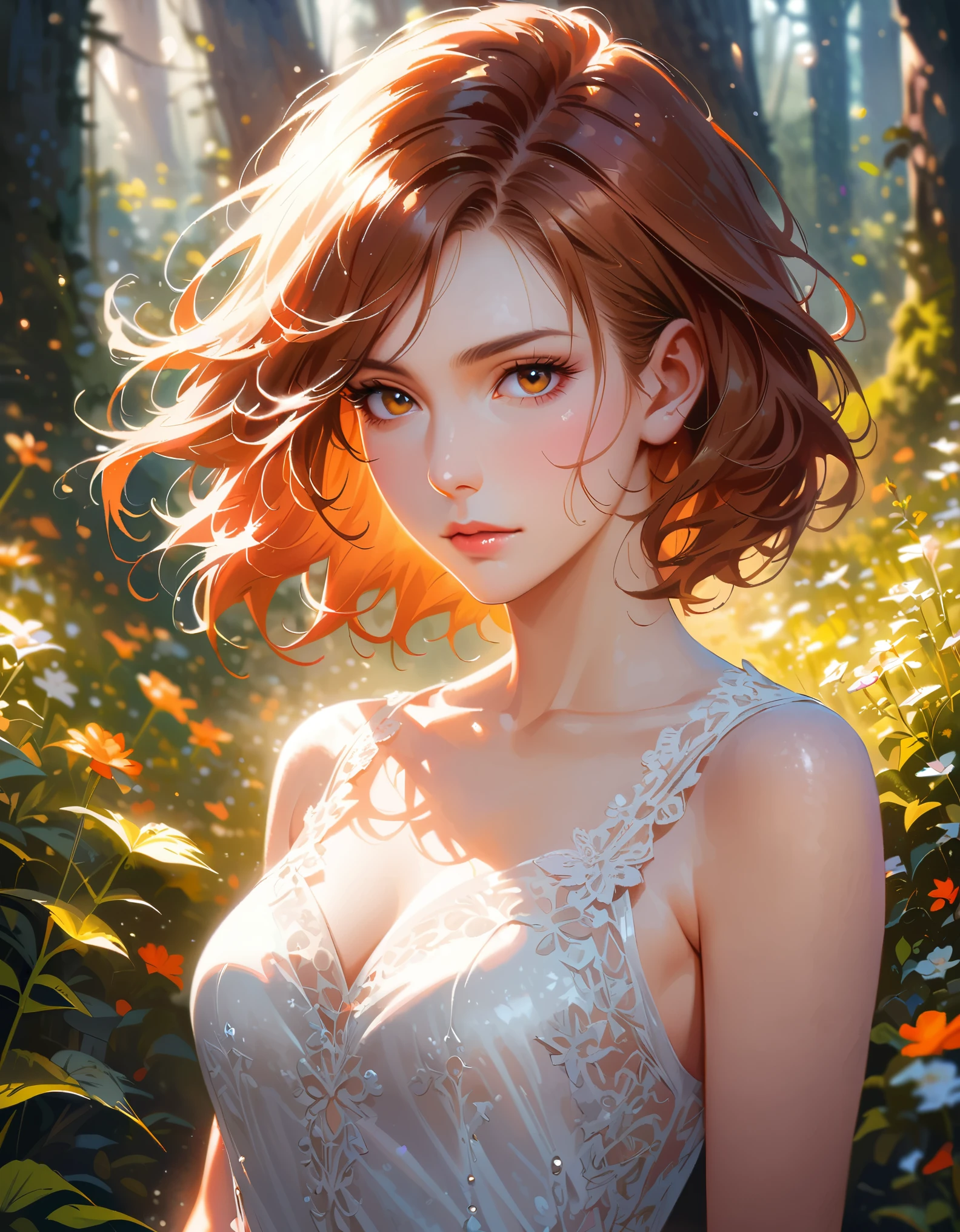 Lovely woman under drizzle, (elegant, Pretty Face), Transparent white dress, Forest Moss, (freckle:0.8), Flower field, , Red curly hair, magical atmosphere, (short hair), ((Delicate skin, Texture)), Ultra Detailed, (Complex details, Fine details, Ultra Detailed), Ray Tracing, Subsurface scattering, (Fantasy underworld background), Diffuse soft light, Shallow and deep, go through (Oliver Waite), Clear focus bokeh, (Realistic photo quality:1.4)