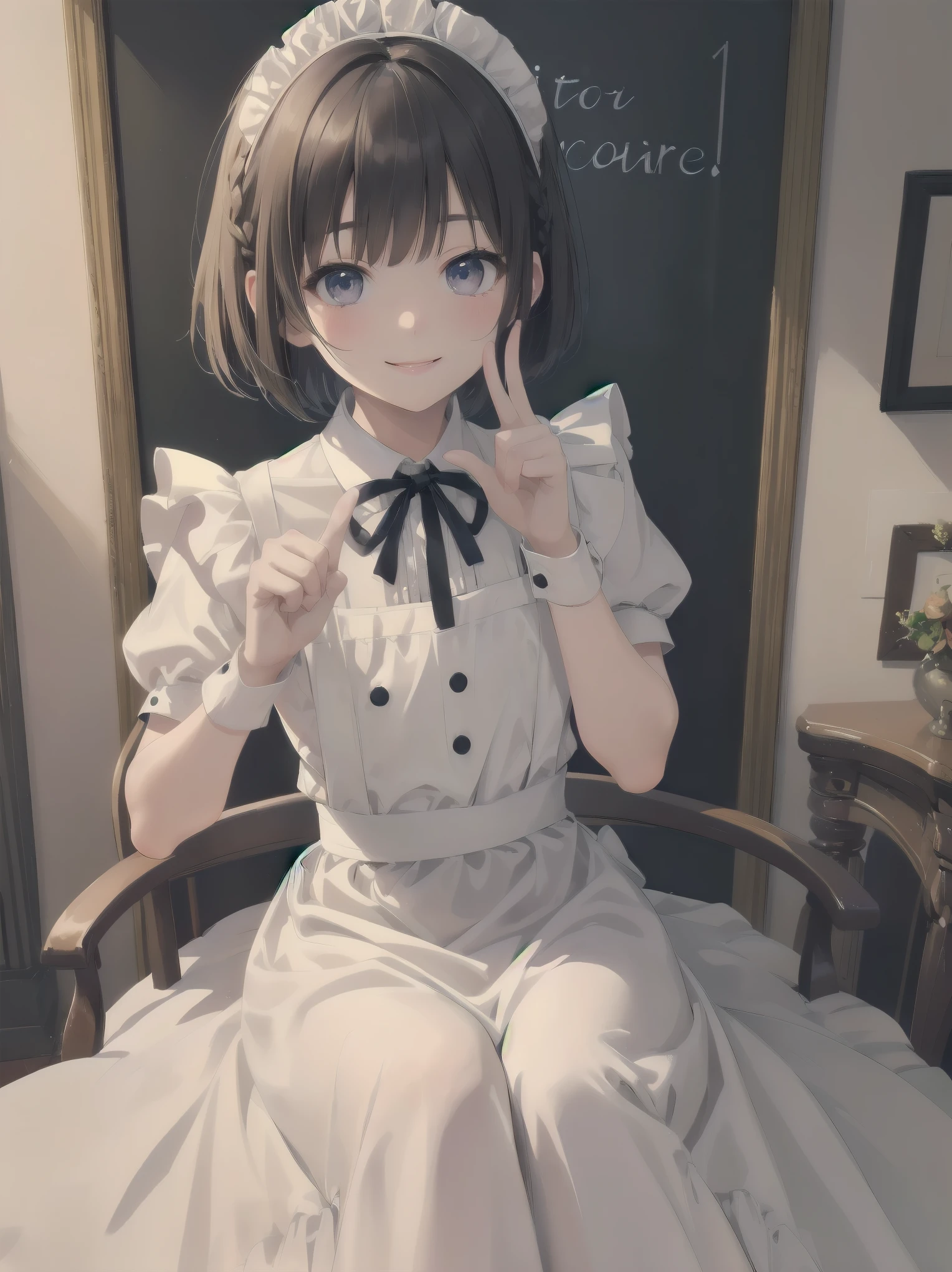 Masterpiece, top quality, super detailed, 16k, Kawaii, pastel colours, soft light, watercolour, small super cute girl, bob cut braided ribbon, maid, simple maid outfit with long skirt type, cute illustration, classical type cafe, smiling , acting mocking gesture to viewer
