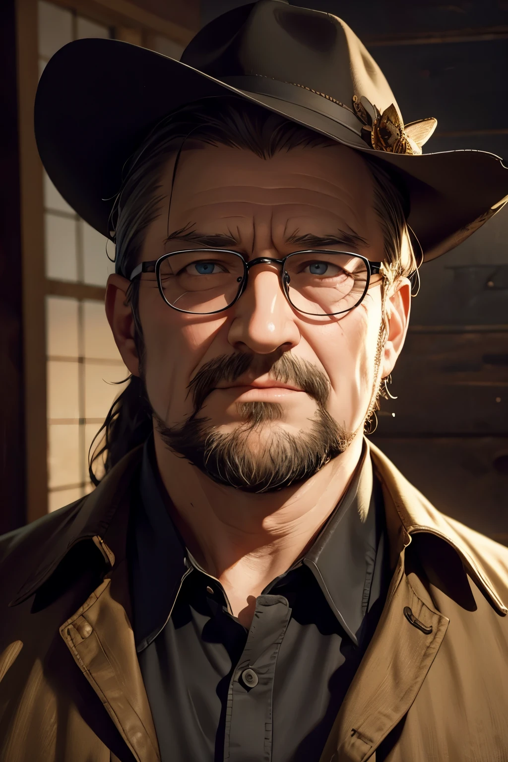 (gaben:1.2), realistic perfect face portrait, perfect hands,gabe newell, close portrait oil painting, 19th century cowboy, octane render, unreal engine 5, 8K, atmospheric (lighting:1.3), intricate, detailed, art by Frederic Remington, by HW Hansen, by Charles Marion Russell, by William Herbert Dunton