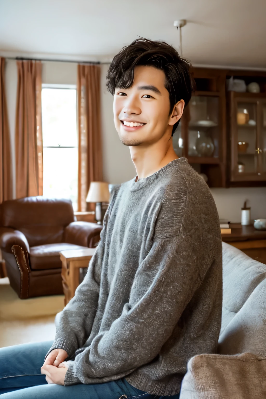 (( The man's hair is neatly combed with hair oil))((Frontal half-length photo of a smiling young Japanese man with thin cheeks and pointed chin))((The background is the living room of the living room.The details of the items in the living room are very clear.)).he.Look in the direction of the camera and maintain eye contact.