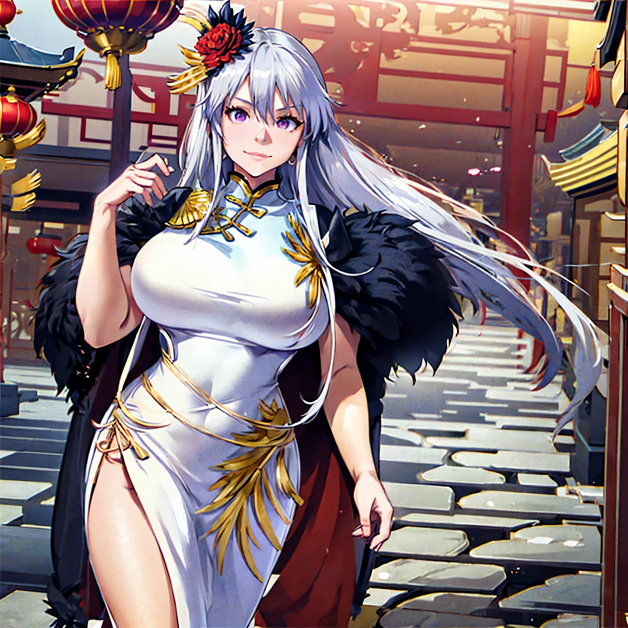 A woman wearing white traditional female Chinese costume with gold details, red heels, long silver hair, purple eyes, red flower in her hair, golden bow in her hair, wearing a black fur cape, walking in a traditional Chinese garden, smiling, big breasts, Chinese houses in the background, place at night, lighting with traditional Chinese lamps, full body, surrealism, drop shadow, anaglyph, stereogram, tachi-e, pov, atmospheric perspective, surrealism, flower, 8k, superdetail, accurate, best quality, UHD, anatomically correct, textured skin, high quality. (solo woman)

