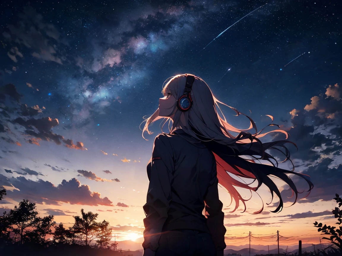 sunset、hill、cloud、Long Hair、woman、silhouette、Back view、Beautiful starry sky、Look up at the sky、The wind is blowing、Wide sky、Headphones、shooting star