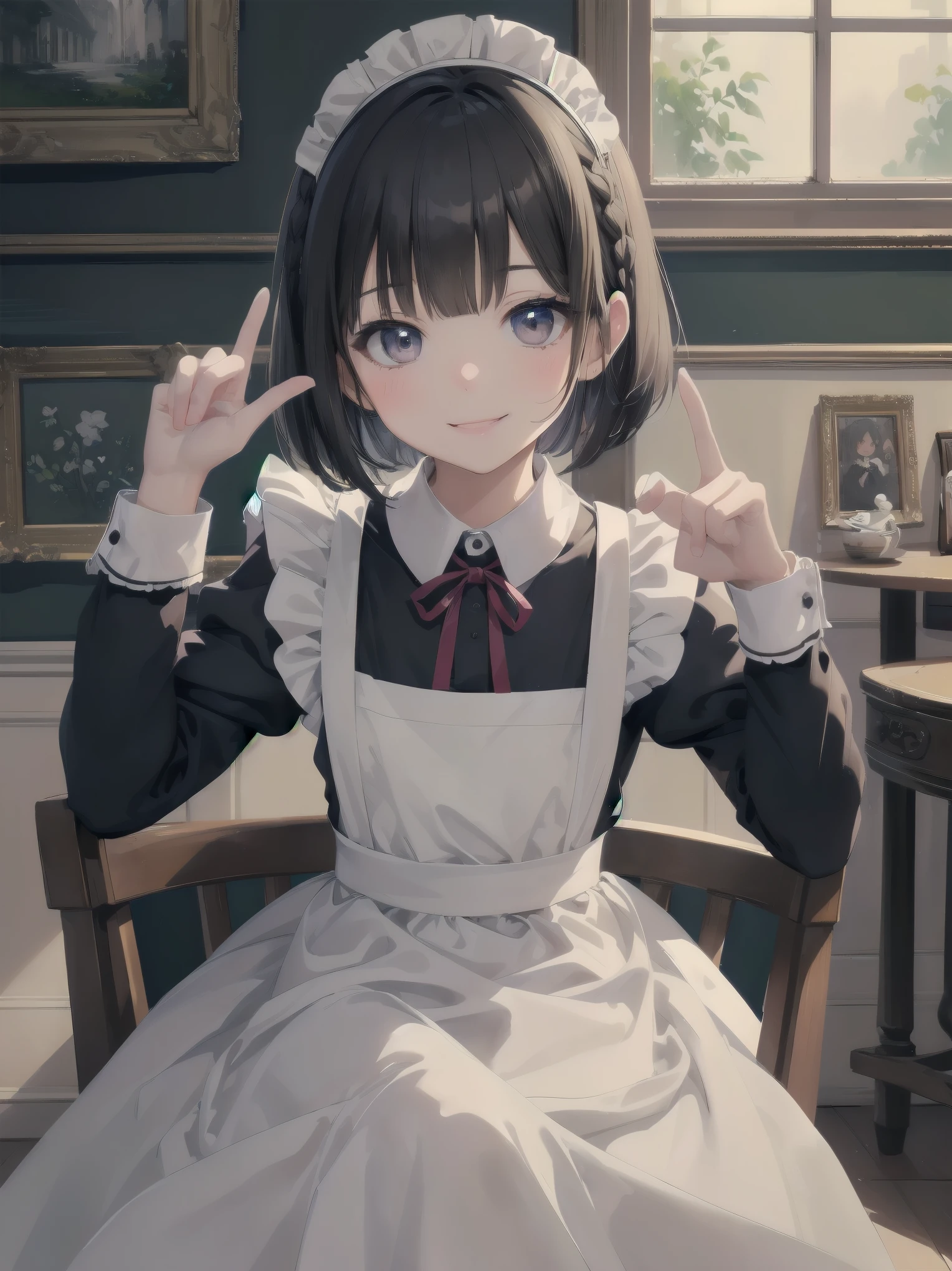 Masterpiece, top quality, super detailed, 16k, Kawaii, pastel colours, soft light, watercolour, small super cute girl, bob cut braided ribbon, maid, simple maid outfit with long skirt type, cute illustration, classical type cafe, smiling , acting mocking gesture to viewer