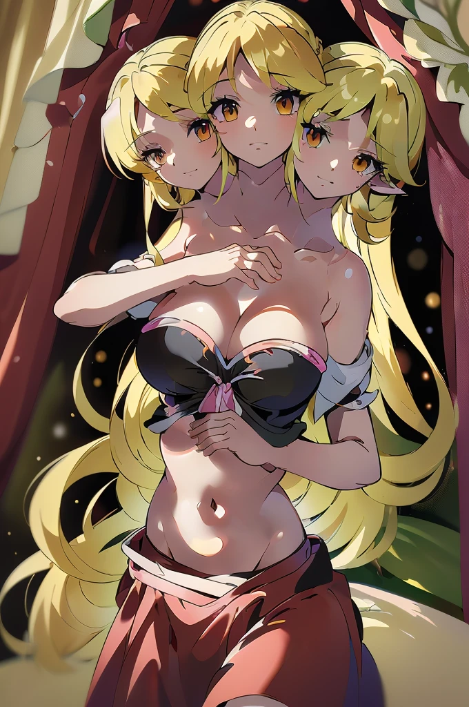 (masterpiece, best quality), best quality, best resolution, (ultra-detailed), (3heads:1.5), 1girl, (yuki 9touhou):1.3), masterpiece, best quality, ultra quality, ultra resolution, ultra detail, dark red and pink top, crop top, ((stomach)), midriff, ((groin)), dark red and pink skirt, normal ears, shackles, blonde hair, very long hair, wavy hair, sidelocks, yellow eyes, parted lips, open belly, sweat, cute, toned belly, hand on own chest, eyelashes, (24 year old woman:1.3), (masterpiece:1.5), (best quality:1.5), (beautiful detailed), extremely detailed CG, extremely delicate and beautiful, depth of field, (finely detailed face), (perfect details:1.2), (mature female:1.3), wide pelvis, slender, large veiny breast, 16k resolution, highres, very high quality, very high definition, extremely detailed, masterpiece, best quality, blonde hair, long hair, alluring presence, braid, short skirt, close up, big tits, young, pink ribbon,