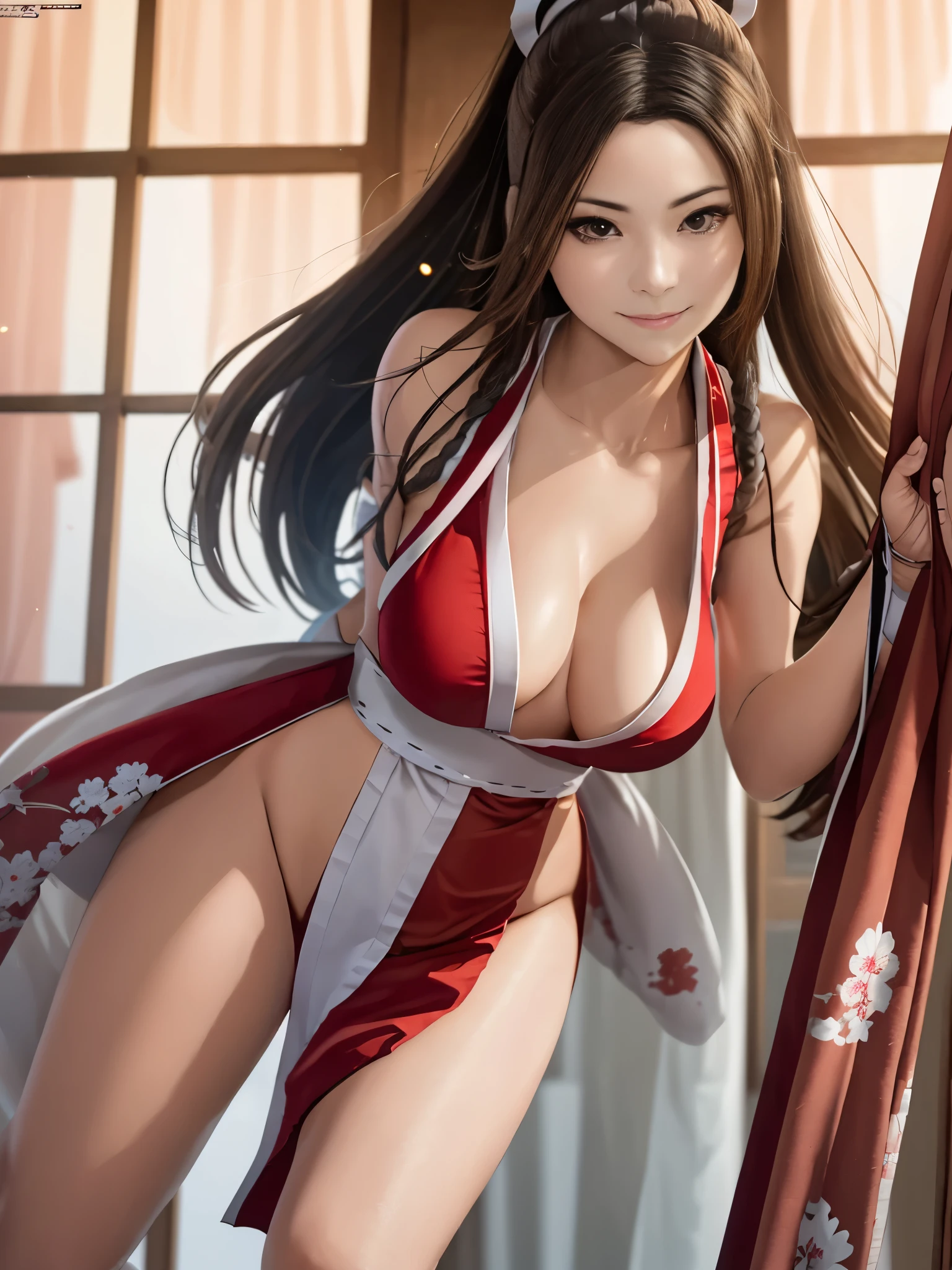 mai shiranui, Brown eyes, The whole body is reflected,Toes are visible,  Standing, Full body, Prestige, Long hair, Brown hair, White ribbon, Sleeveless, poneyTail, sash, pelvis curtain, arm guards, mitts, tabi, fascinated expression, Sexy eyes, medium breasts, Smile, Cute, view the viewer, Long hair, Close to Japan temple, (breasts focus:1.2), (Realistic:1.2), (Full Shot: 1.2), (Realism), (masutepiece:1.2), (Best Quality), (ultra-detailliert), (8K, 4K, Convoluted), (85 mm), light Particle, Lighting, (Highly detailed:1.2), (Detailed face:1.2), (gradients), SFV, Colorful, (Detailed eyes:1.2), (Detailed temples of Japan: 1.2),(Detailed background), (Dynamic Angle:1.2), (Dynamic Pose:1.2), (Line of action:1.2), Wide Shot, Daylight, Solo.