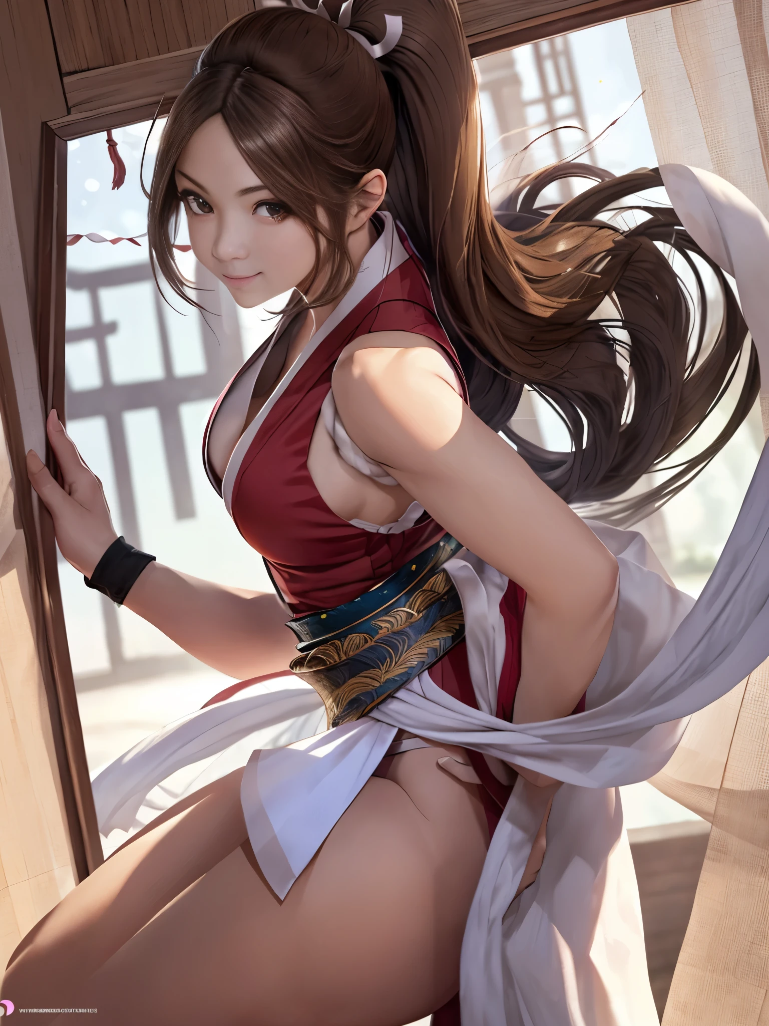 mai shiranui, Brown eyes, The whole body is reflected,Toes are visible, Standing, Full body, Prestige, Long hair, Brown hair, White ribbon, Sleeveless, poneyTail, sash, pelvis curtain, arm guards, mitts, tabi, fascinated expression, Sexy eyes, medium breasts, Smile, Cute, view the viewer, Long hair, Close to Japan temple, (breasts focus:1.2), (Realistic:1.2), (Full Shot: 1.2), (Realism), (masutepiece:1.2), (Best Quality), (ultra-detailliert), (8K, 4K, Convoluted), (85 mm), light Particle, Lighting, (Highly detailed:1.2), (Detailed face:1.2), (gradients), SFV, Colorful, (Detailed eyes:1.2), (Detailed temples of Japan: 1.2),(Detailed background), (Dynamic Angle:1.2), (Dynamic Pose:1.2), (Line of action:1.2), Wide Shot, Daylight, Solo.