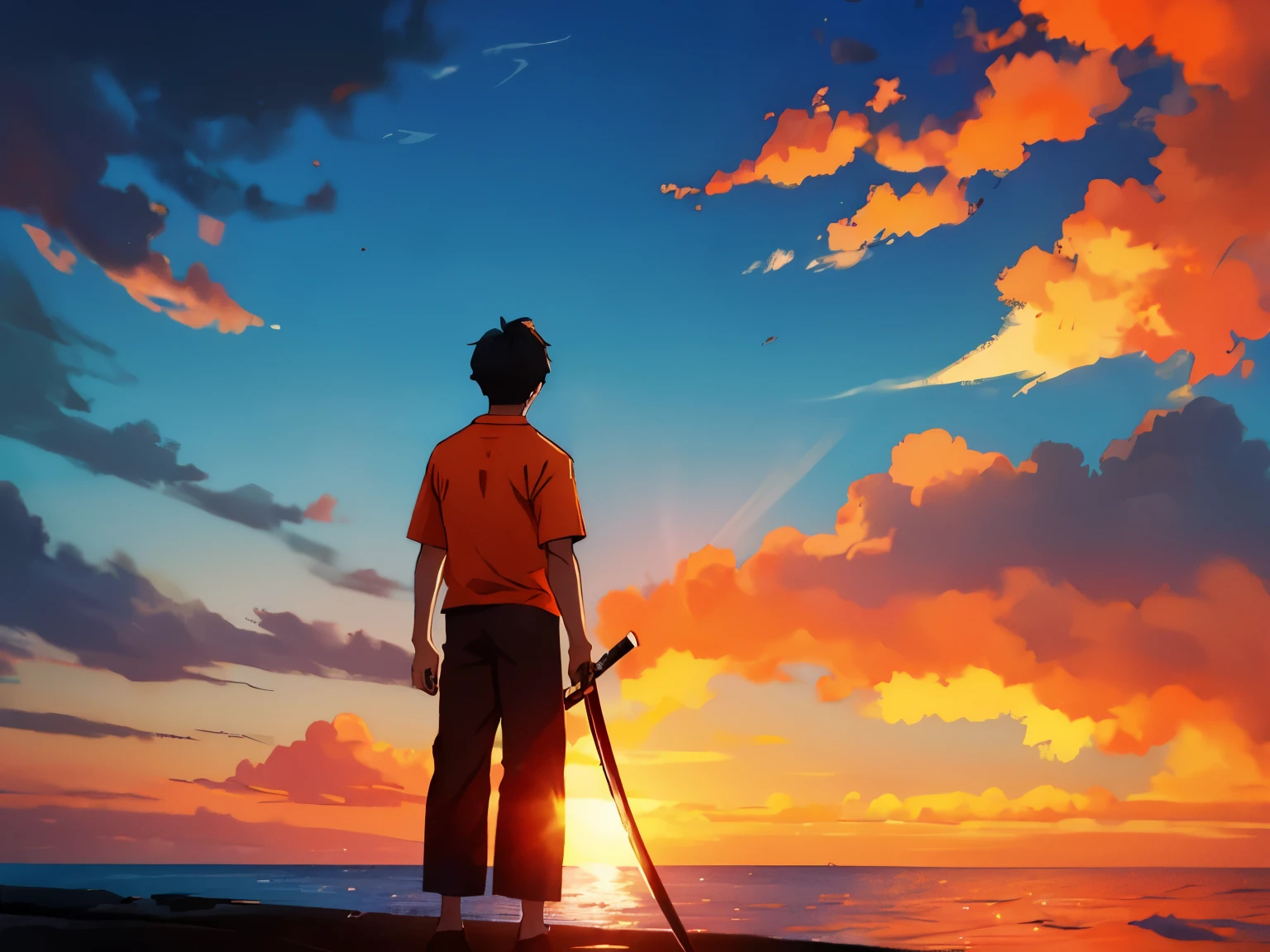 Boy with black holding a katana with orange shirt. Back view standing on the ocean