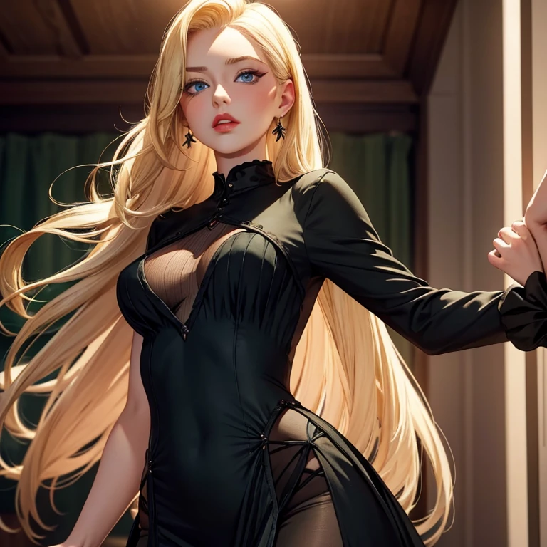 A tall, beautiful Lilly Krug with blonde hair and blue eyes, with a small nose and plump red-coloured lips and Black curled eyelashes, wearing a green tight-waisted dress and a pair of black scarpins.