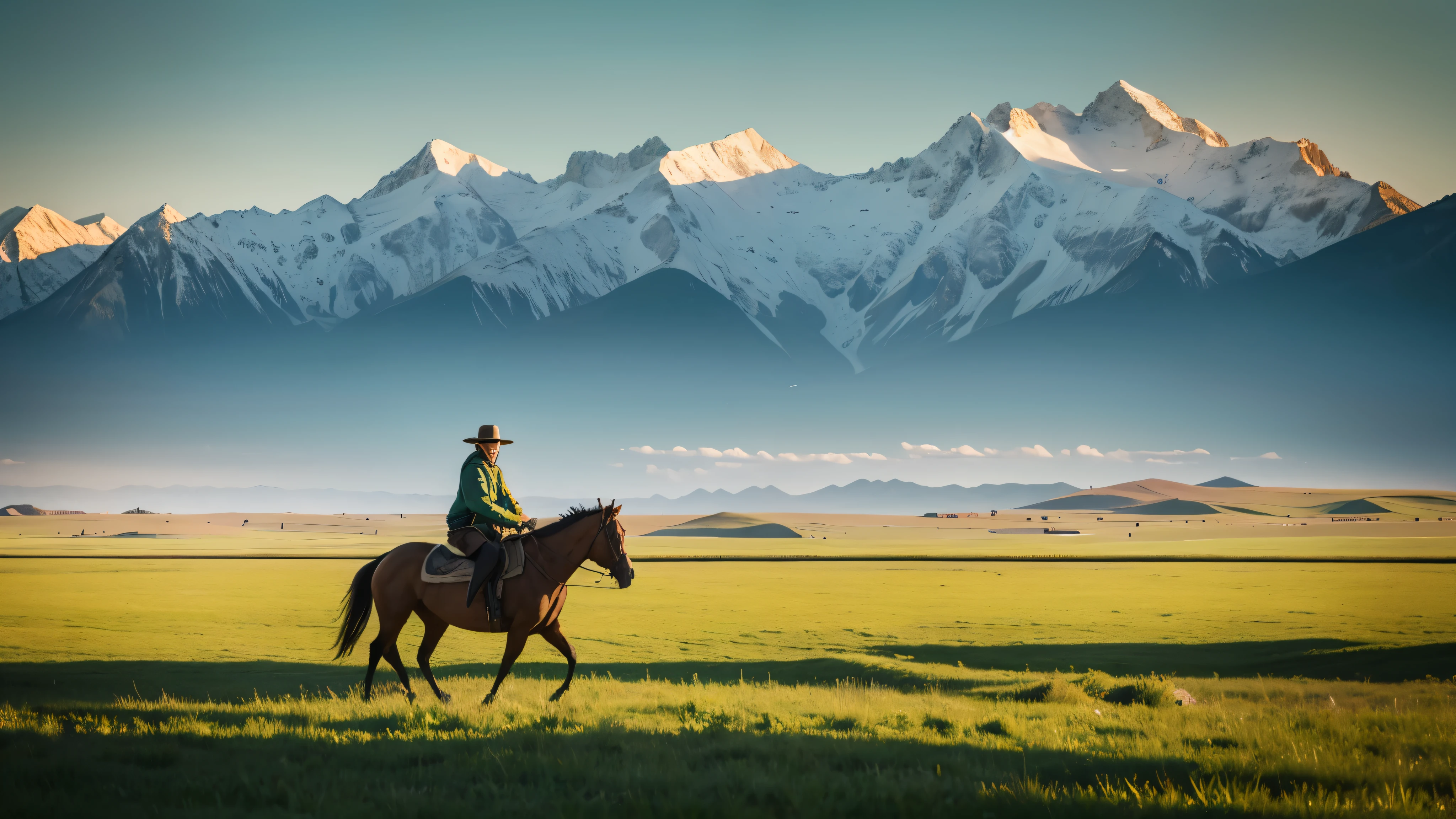 On the endless steppe，（（Green steppe））（（There is a man riding a horse in the distance）），（（Vision）），Realism，photography，Snow-capped mountains in the distance，Lots of details，8K，high quality