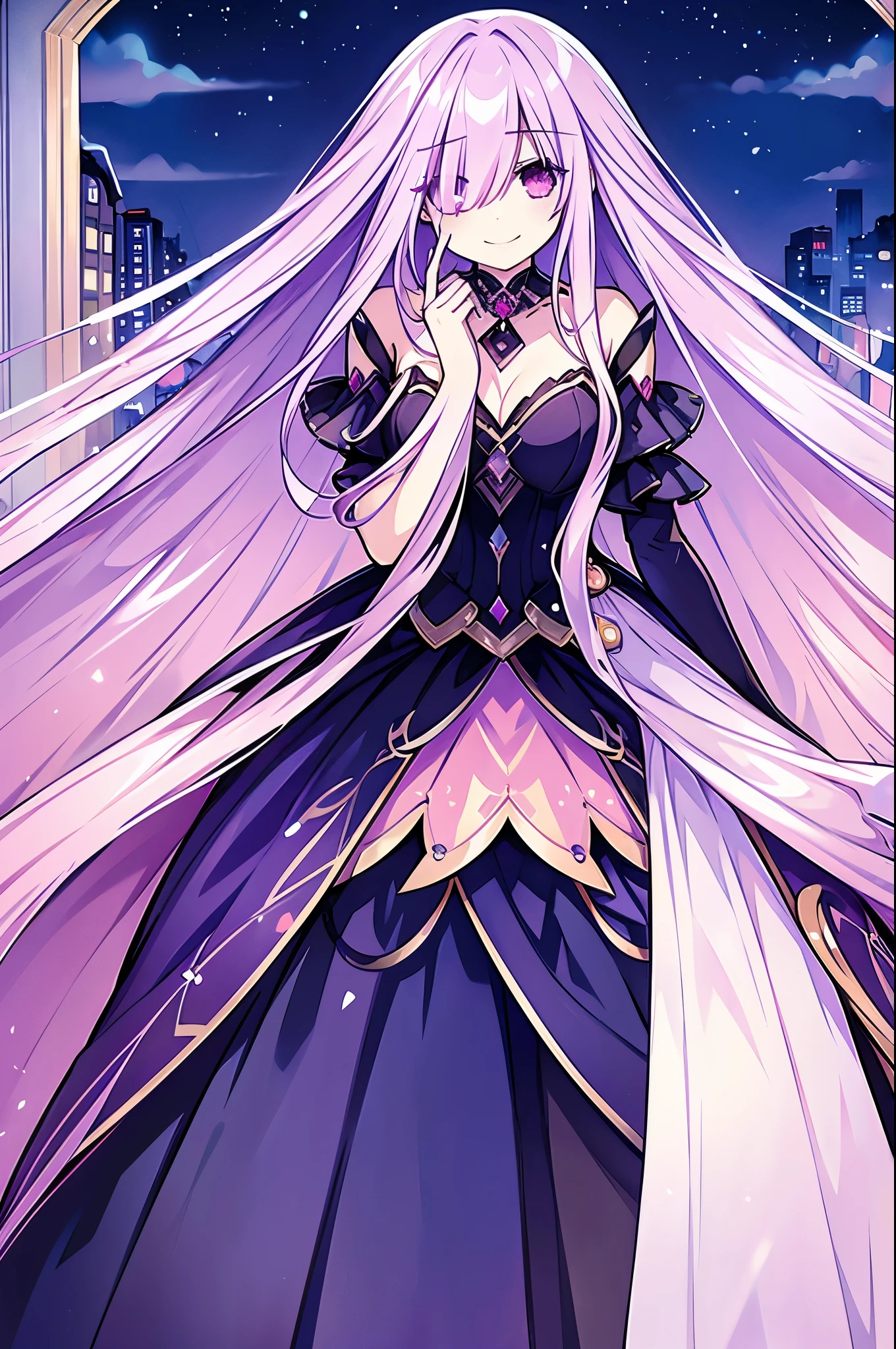 Masterpiece, best quality, 1girl, finely detailed, deep lilac hair, long and straight hair that cover one eye, pink eyes, mocking smile, clothes: evening dress, roses in her hair
