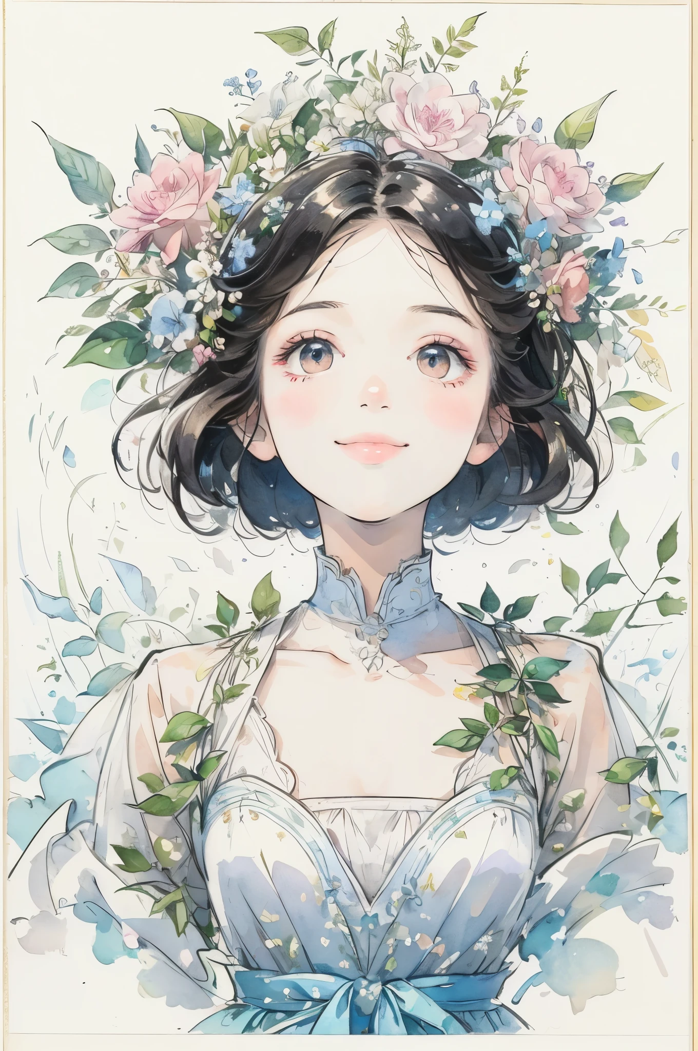 (masterpiece、highest quality、highest quality、Beautiful and beautiful:1.2)、Good anatomy、（Watercolor 1.5）、Composition looking up from a low position、Long Shot、Drawing of a girl with straight short hair、Beautiful smile、Pure White Fairy Costume、pure、Charm、Gazing at the blue sky、Flowers and leaves、Botanical Art